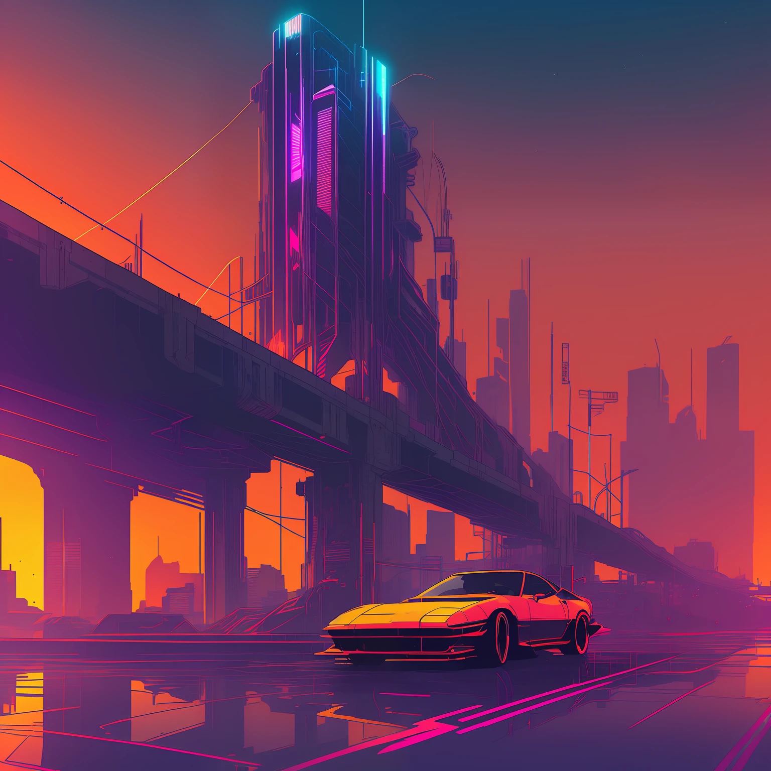 (nvinkpunk:1.2) (SNTHWVE style:0.8) Corvette, lightwave, Sunset, Intricate, Highly detailed