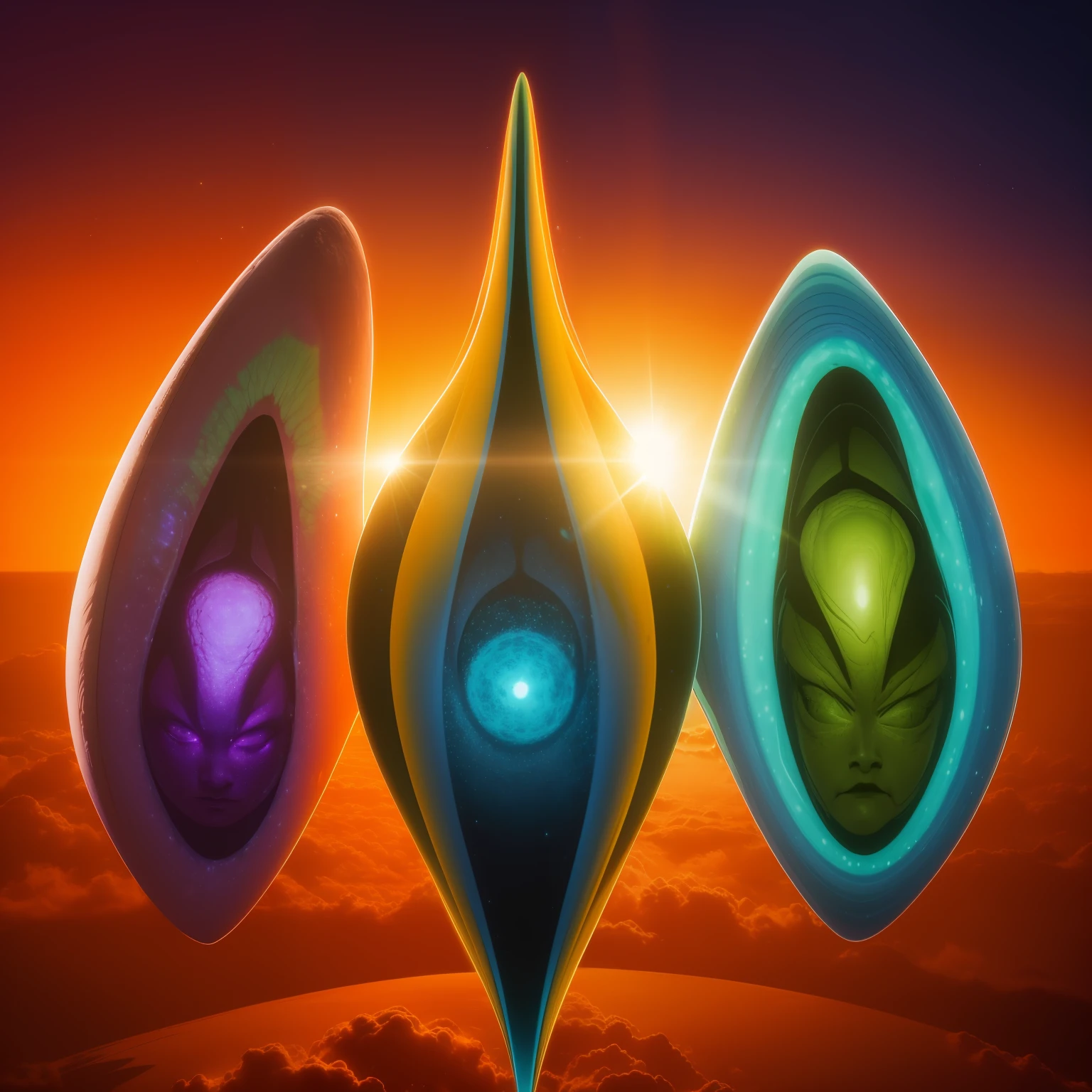 three aliens and humans are shown together in front of an orange sunset, in the style of psychedelic portraits, zbrush, sky-blue and green, mushroomcore, airbrush art, made of all of the above, ue5