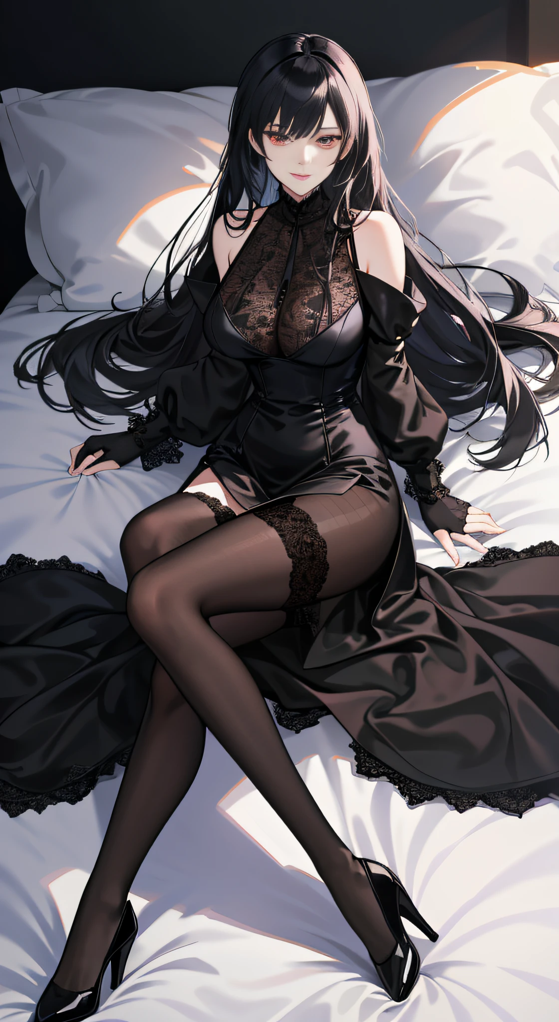 Masterpiece, Best quality,there is a woman in a black dress laying on a bed, seductive anime girls,  [ 4 K digital art ]!!, Guviz-style artwork, from girls frontline, Fully clothed. painting of sexy, beautiful and seductive anime woman, IG model | Art germ, made with anime painter studio，blacksilk，huge breasts, Large breasts,a matural female，Black lace fingerless gloves，Black heels，systemic，（（（black lence stockings））），Slender limbs，Very long legs，red color eyes，Absurdly long hair