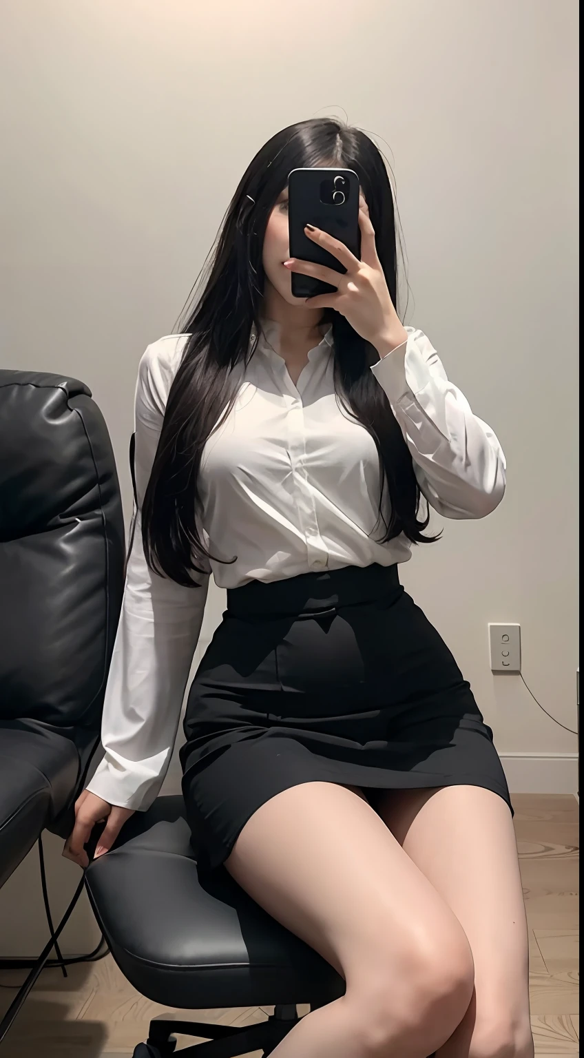 there is a woman sitting on a chair taking a picture of herself, dressed with long fluent clothes, Long shirt, With black, white blouse and gothic boots, With long hair, wearing  shirt, wearing elegant casual clothes, in a white shirt, white silky outfit, With long black hair, woman is sitting, In a white blouse shirt, jia