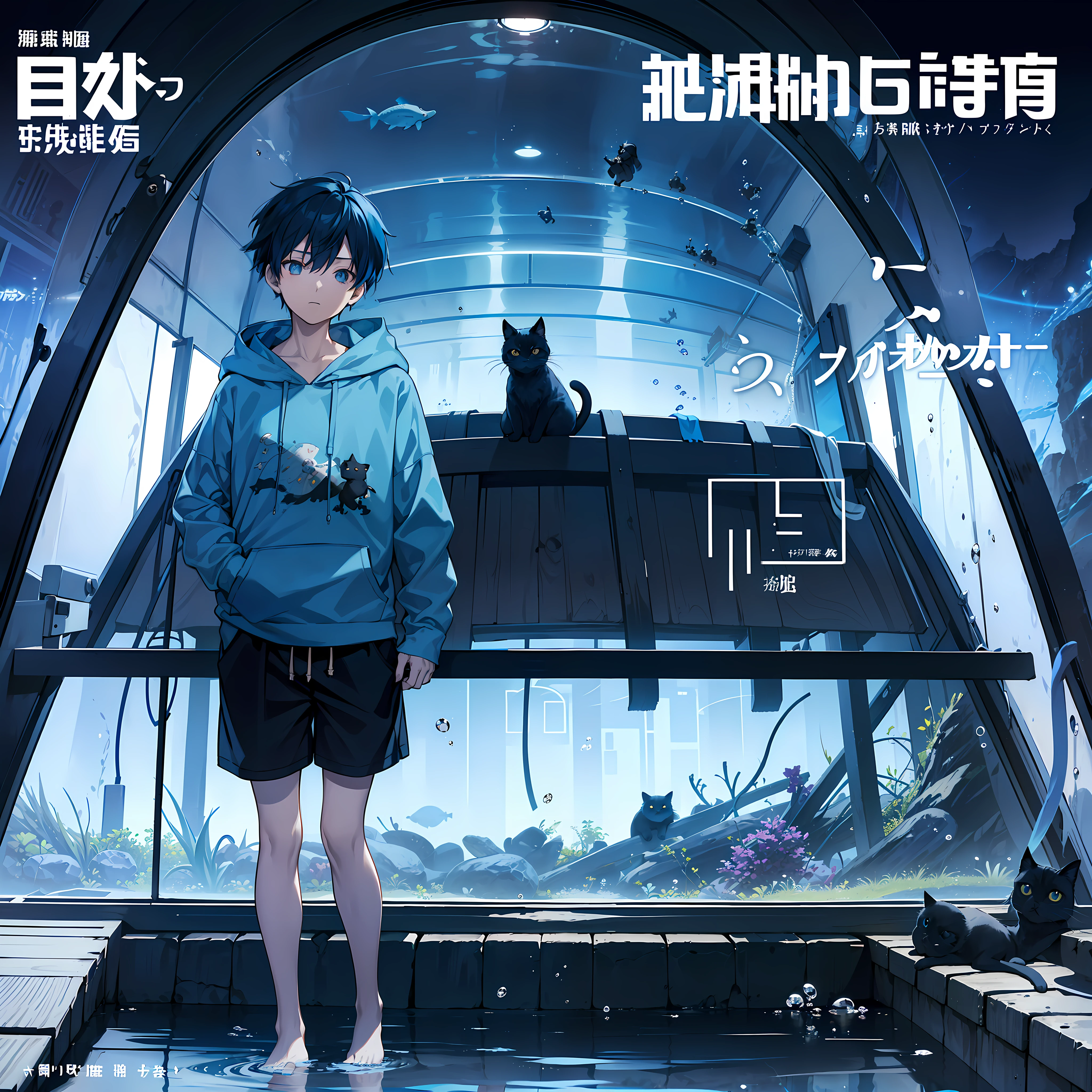 masterpiece, best quality, full body, (1boy), (blue hoodie), (Boy Messy Japanese Round Haircut for Thick Hair), (blue hair), black shorts, (solo), (magazine:1.3), (cover-style:1.3), fashionable,Under water, (in side tunnel aquarium), dark tone, dark mood, (Solo black cat nearby),