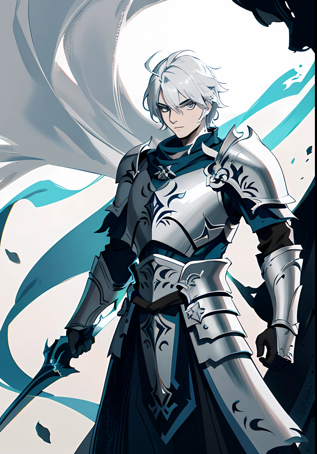 a close up of a person with a sword and a helmet, A human male paladin, warrior dnd character, mostly greyscale, escala cinza, minimal design armor style, grey armor, concept character, character concept, concept art of a warrior, Male paladin, warrior character design, rpg character, simple shading, detailed with shadows, armored warrior, vector shaded anime