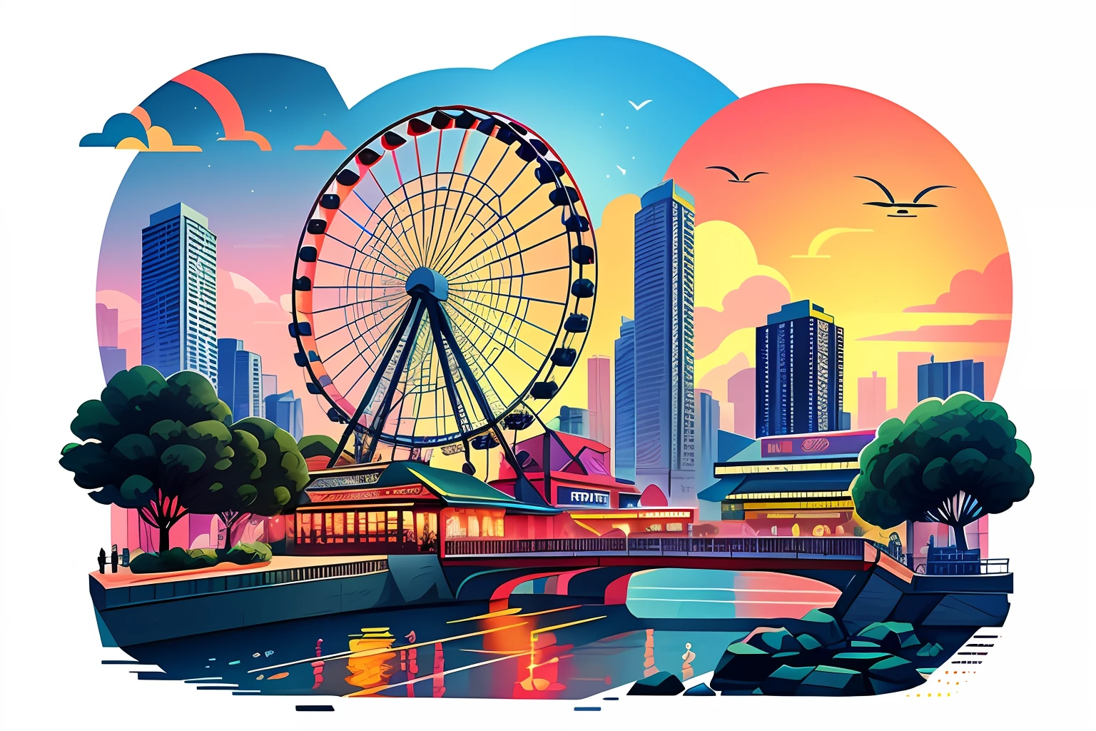 Colorful illustration of a Ferris wheel in the city, A beautiful artwork illustration, Stylized digital illustration, jen bartel, in style of digital illustration, Highly detailed illustration, 数字插图 -, stunning digital illustration, detailed digital illustration, Detailed 2D illustration, author:Jason Benjamin, Colorful illustration, high detail illustration, best on adobe stock, Beautiful digital illustration