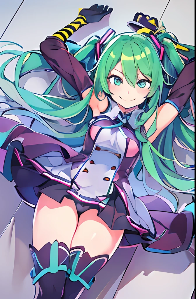 masterpiece, top-quality, 1girl in, 独奏, dynamicposes, cowboy shot, miku hatsune, verd s eyes, Green hair, Twin-tailed, 校服, Stooping, Arms behind, evil smile, Grinning, From above, look up to,
simple background、(Star Eye)