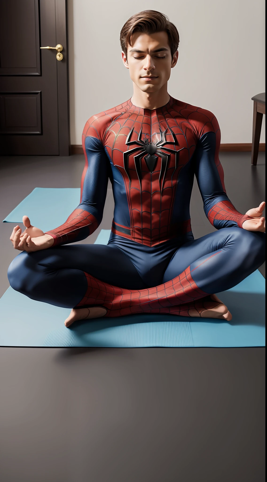 spiderman sitting in a yoga pose with his eyes closed, meditating pose, meditation pose, yoga meditation pose, meditating in lotus position, lotus pose, sitting pose, sitting dynamic pose, meditating, relaxed posture