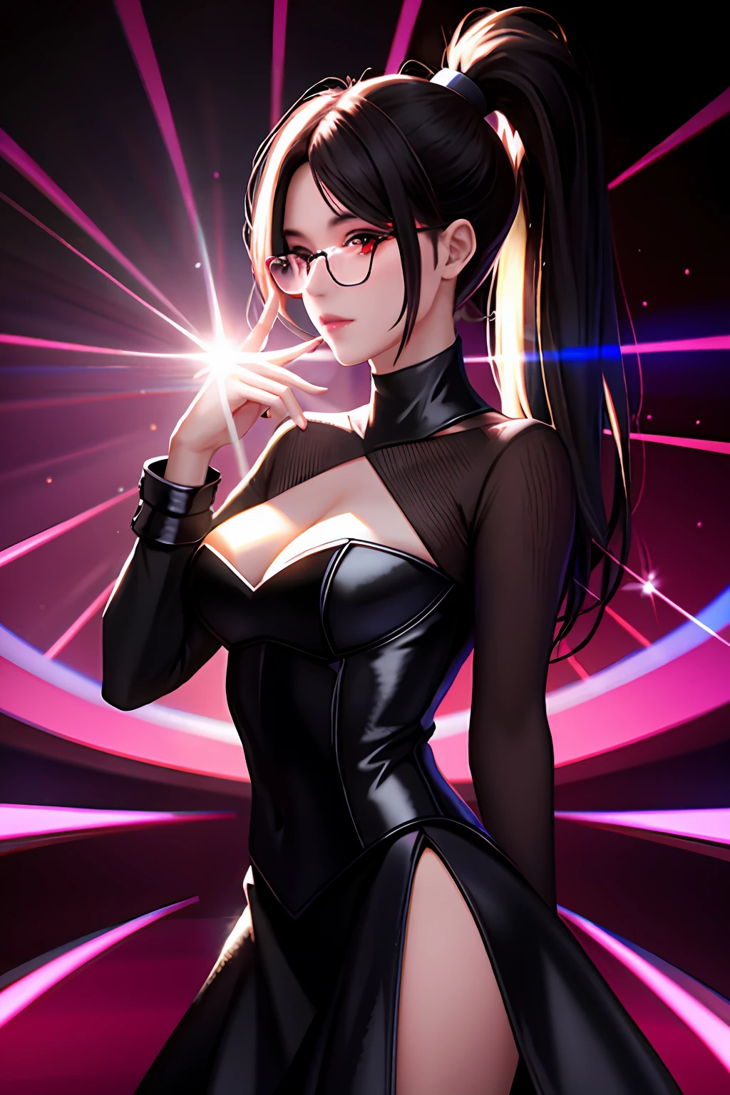 tmasterpiece,best qualtiy,high qulity,k hd,High-quality textures,High-quality shadows,high detal,realisticlying,cinematric light,Sideslit,lens flare glow,Ray traching,Sharp focus,High ponytail,eye glass,Glamorous,The kinky is exposed