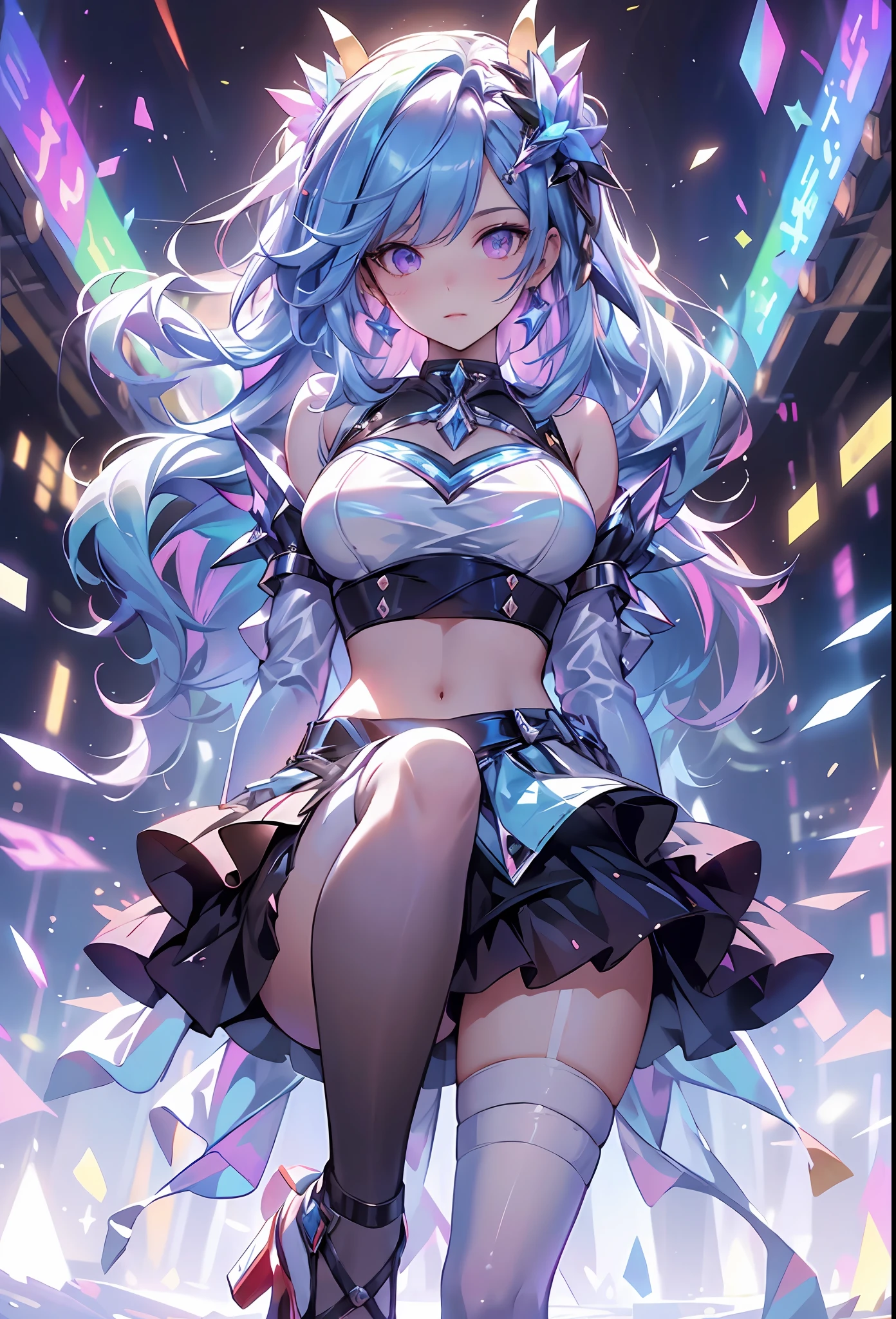 best qualityer，tmasterpiece，Ultimate resolution，downy，Extremely colorful，Colorful，Big high school girl，Crop topping，White stockings，heeled sandals
