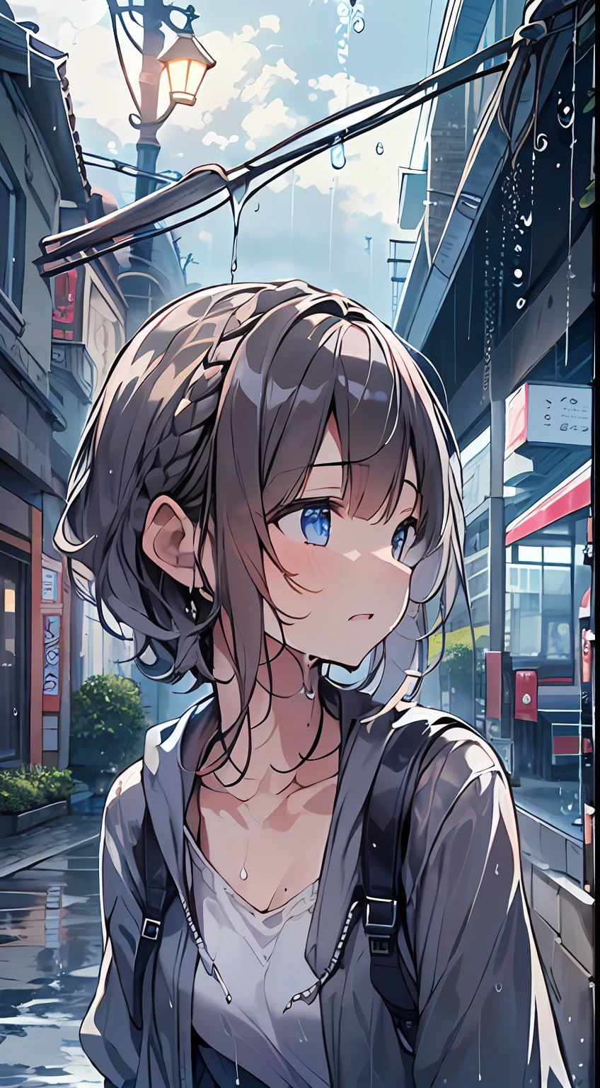 masutepiece, Best Quality,Illustration, Wallpaper, Ultra Detail, absurderes, 1girl in, Solo, (Medium short hair、short braided hair), Beautiful detailed eyes, rainfall、water dripping、wetting hair , Looking to the side, (Street:1.5), Cloudy sky、Bright scenery