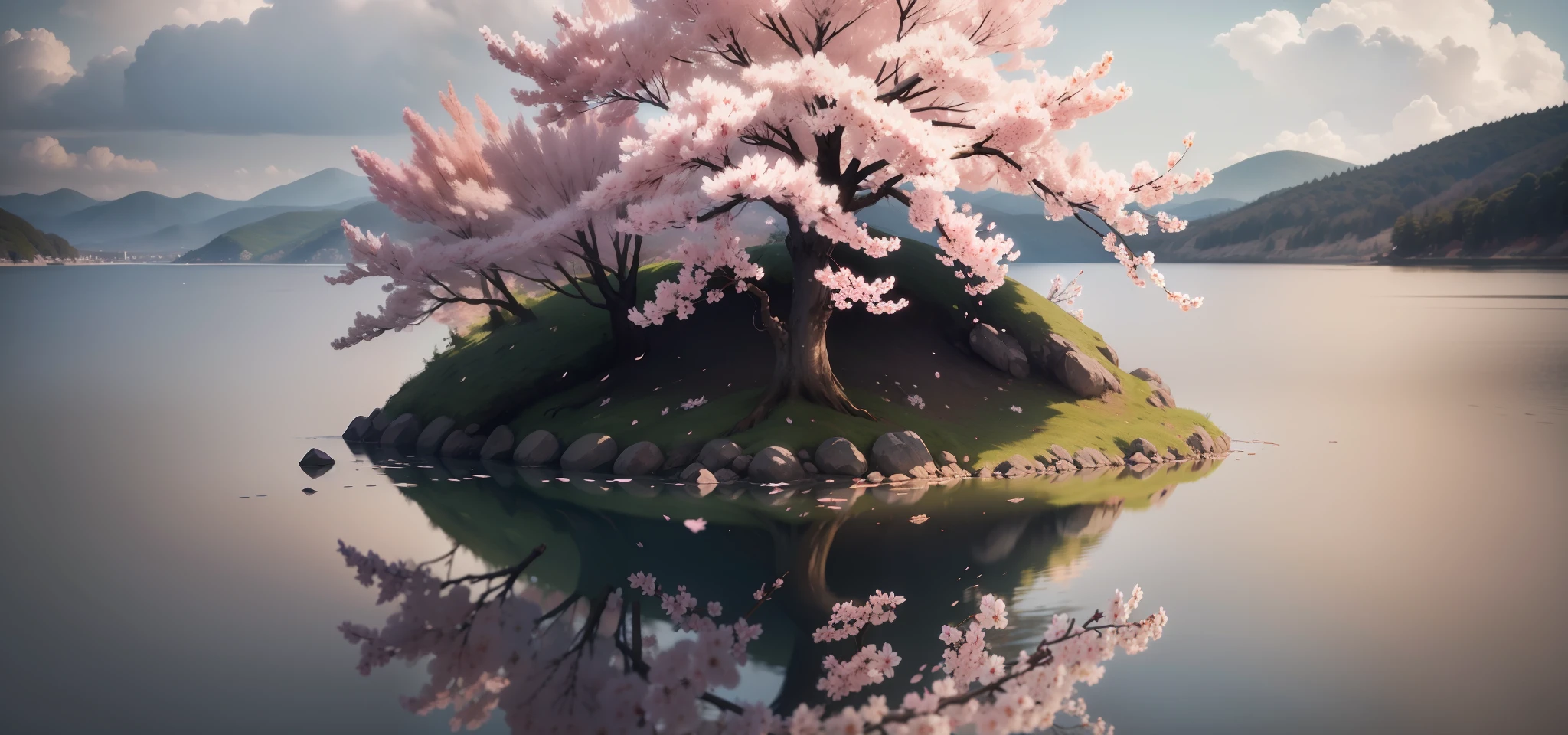 Cherry blossoms swirling in the air, minimalist composition with high detail, captured with a Canon UltraWide Angle 135mm f/16 lens, creating a wide shot panorama in UHD 8k resolution. The style is raw, emphasizing the natural beauty of the scene. The aspect ratio is 3:1, enhancing the panoramic view. Ultra-Wide Angle