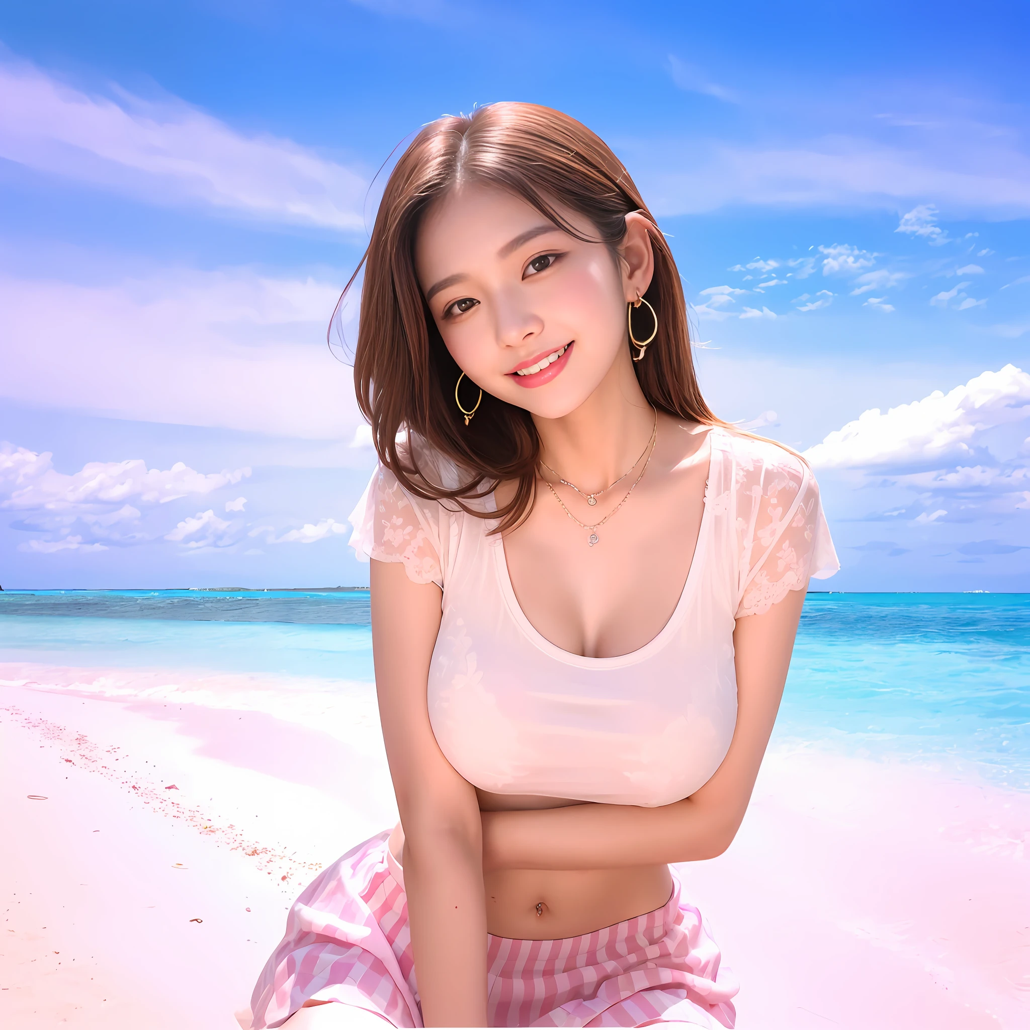 There is a woman sitting on the beach in a pink and white checkered skirt, Gorgeous young Korean woman, Hot with shining sun, Beautiful young Korean woman, Choi Hong Hwa, beautiful Korean women, jaeyeon nam, posing on a beach with the ocean, Portrait of female Korean idol, tzuyu from twice, Korean Girl