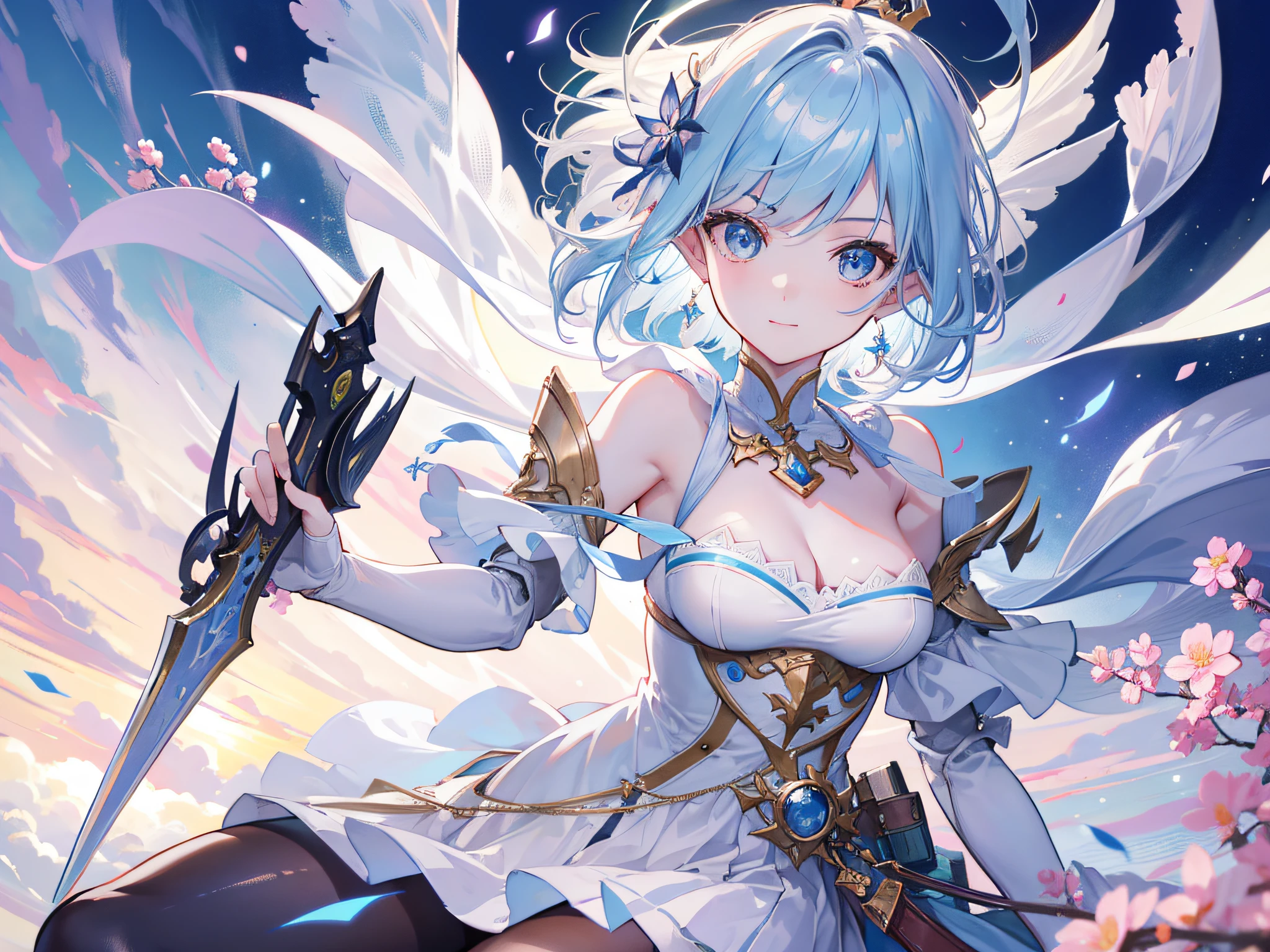 Cute elf girl,short detailed hair,Sit on your knees,Sword in hand,slenderness,With Ultra HD details,Professional lighting and lighting。With decoration,Tall and sexy,Delicate stockings,Sexy mature clothing,From her delicate face and hair to the sparkle in her ultra-delicate eyes,Great attention to detail。A pair of delicate earrings,Delicate necklace,A light breeze,Highly rendered longsword,Brighter scenes,More refined facial features,Light smile, Gradient hair, anaglyph, tachi-e, angle of view, Atmospheric perspective, High detail, Anime,Chiaroscuro, full bloom, Ray tracing, Super detail, ccurate, Best quality, Textured skin, Anatomically correct, first-person view