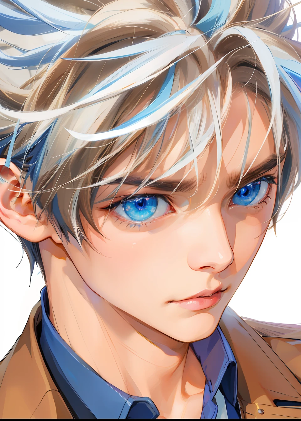 anime boy with blue eyes and a brown jacket, cool shading, detailed anime soft face, high detailed face anime, semirealistic anime style, highly detailed angry anime face, seinen manga portrait, made in rpg maker, digital manga art, anime shading), made with anime painter studio, detailed anime face, realistic anime artstyle, anime style hyper detailed, 8k, best quality, high detailed