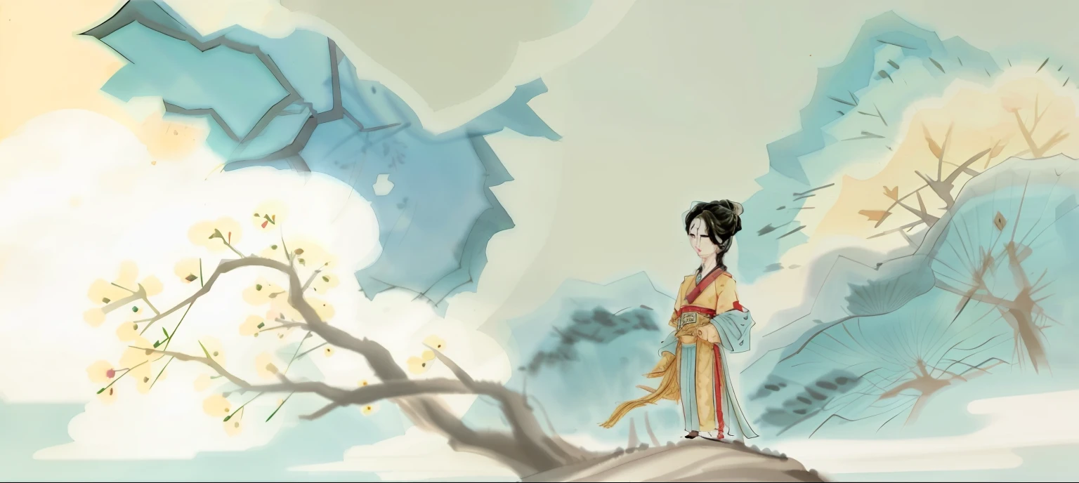 There is a painting,A man and a woman stand on a tree, Inspired by Seki Dosheng, inspired by Wu Daozi, Inspired by Ma Yuan, inspired by Emperor Huizong of Song, animated movie still, Inspired by Cao Zhibai, animated movie still, Chinese watercolor style, large view, Chinese style painting, inspired by Dong Yuan