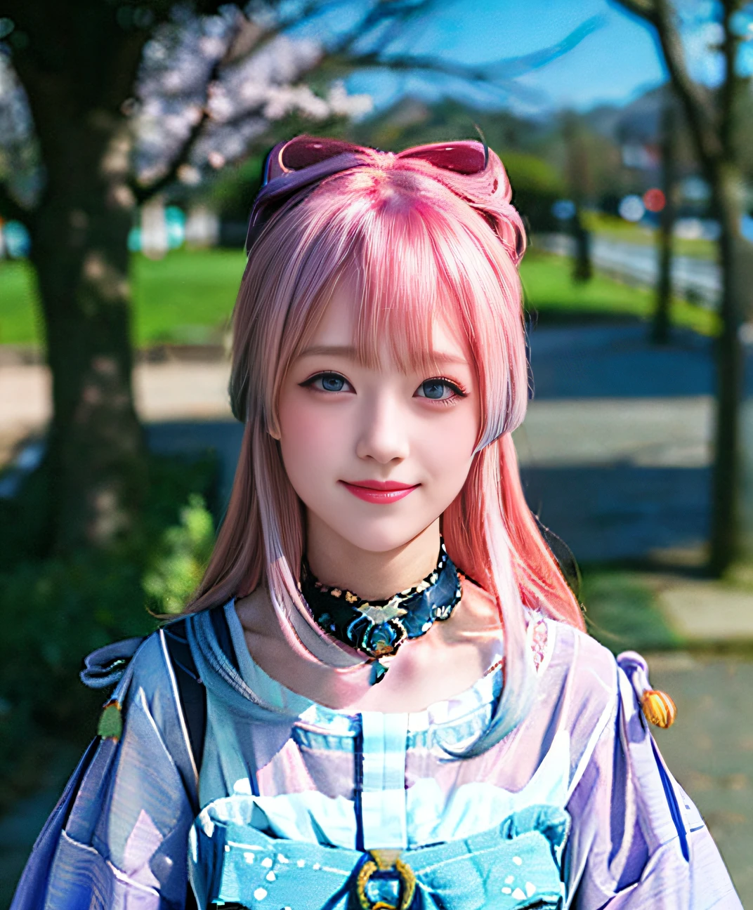 (((Masterpiece))),(((Best quality))), ((Ultra-detailed)), (Best Illustration), 1girll, Solo, Blush, Smug, Smile, Purple eyes, choker necklace, Gradient eyes, No Pupil, Multicolored_Hair, Pink hair, Blue hair, Long hair,sangonomiya kokomi, ((komono)), Outdoors, the cherry trees, sakura, facing to audience, Front view