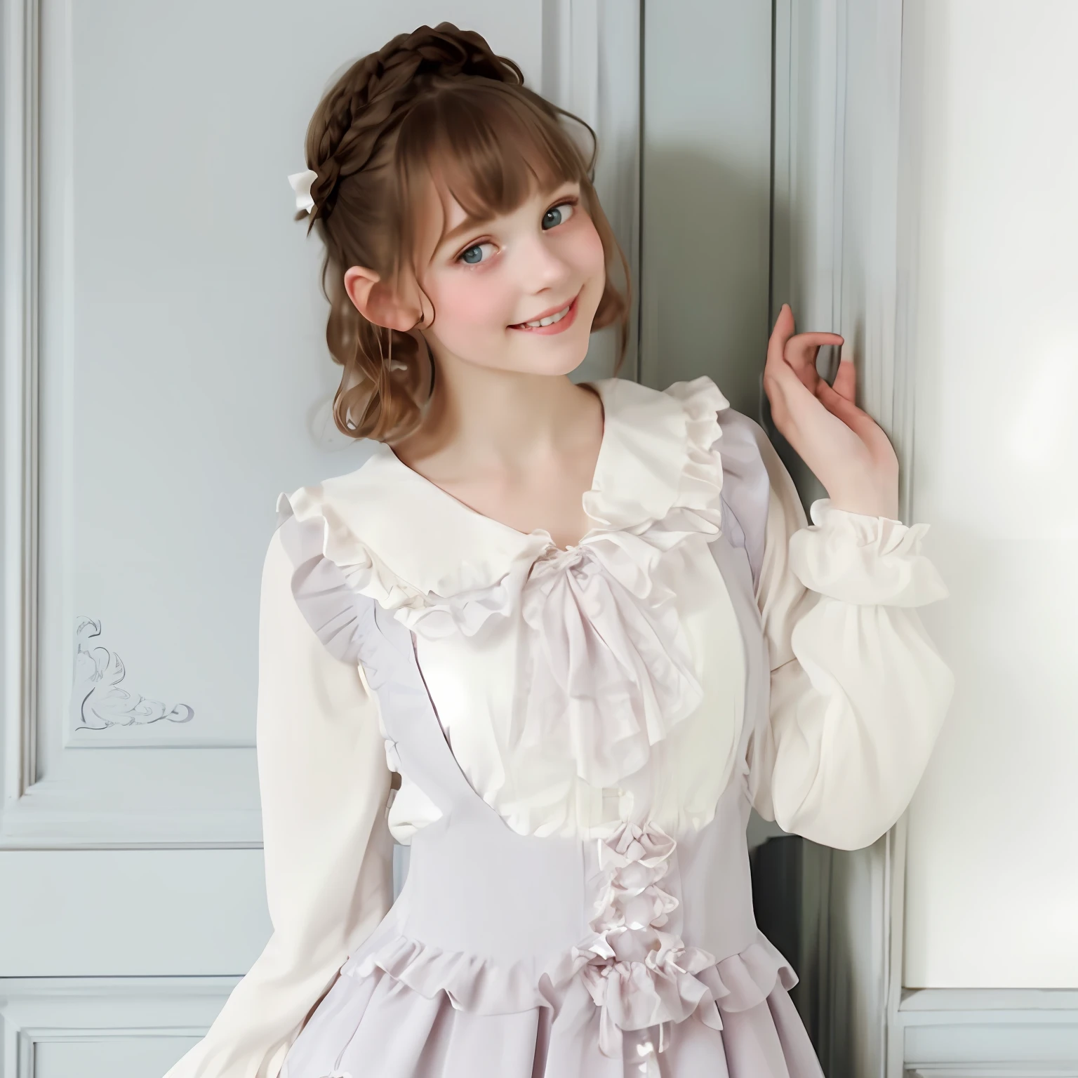 Lolita style, Lolita Fashion, frilly outfit, frilld, Kawaii Style, soft cute colors, angelic pretty,reallistic、photo-like、Detailed models、Young and beautiful model、extremely beautyful girl、soft portrait shot 8 k, gorgeous young model,Clean blue eyes、(Detailed Caucasian model:1.2)、独奏、Slavic Caucasian、Longhaire、bangss、masuter piece、light blue lace dress、minidress、(Light brown long hair:1.1)、Gorgeous brown long hair,hair adornments、15 year old girl、A slight smil、Hairstyle with bangs、Beautiful nasal muscles,Chromo-white skin