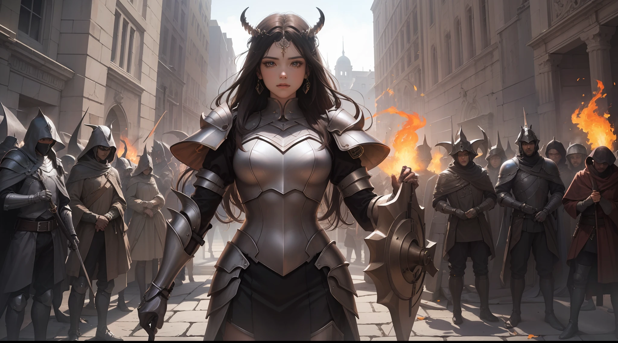 (Extremely detailed Cg Unity 8K wallpaper,Masterpiece, Best quality, Ultra-detailed, Beautiful detailed eyes:1.2),Best illumination, (Best shadow, An extremely delicate and beautiful, full bloom),
1girll,Solo,Large breasts,Heavy armor,complex patterns,Long hair,Holding a shield,Film filter, Hellfire,full bodyesbian,demon,Flame,Greek temple,dramatics,dynamicposes,illusory engine, (High detail: 1.9)