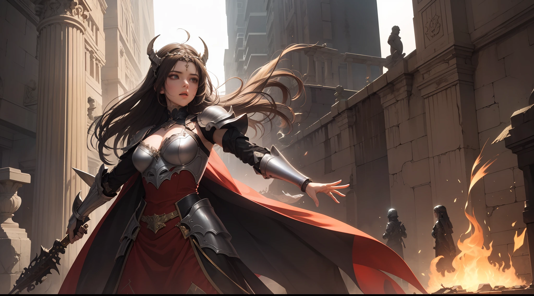 (Extremely detailed Cg Unity 8K wallpaper,Masterpiece, Best quality, Ultra-detailed, Beautiful detailed eyes:1.2),Best illumination, (Best shadow, An extremely delicate and beautiful, full bloom),
1girll,Solo,Large breasts,Heavy armor,complex patterns,Long hair,Holding a shield,Film filter, Hellfire,full bodyesbian,demon,Flame,Greek temple,dramatics,dynamicposes,illusory engine, (High detail: 1.9)