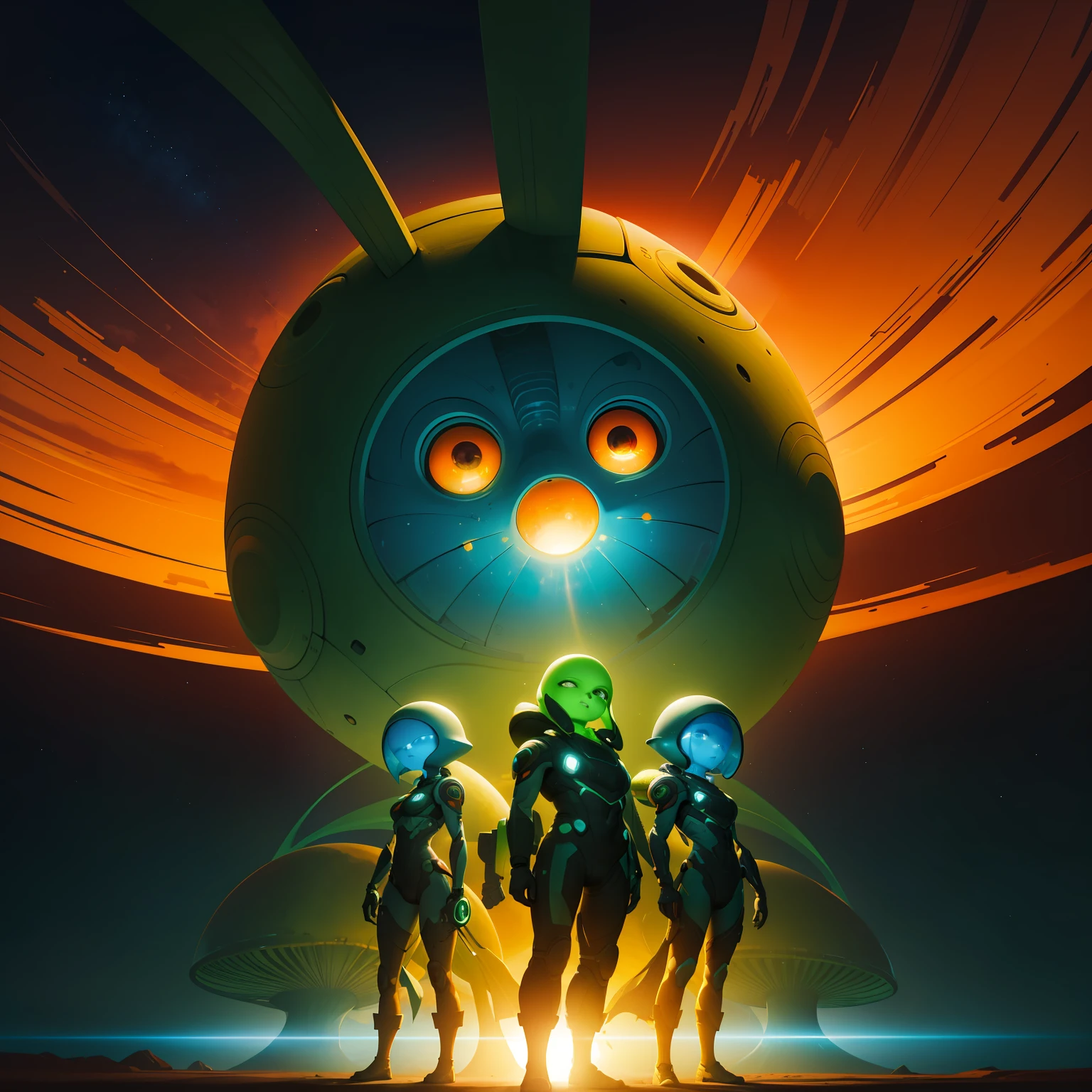 three aliens and humans are shown together in front of an orange sunset, in the style of psychedelic portraits, zbrush, sky-blue and green, mushroomcore, airbrush art, made of all of the above, ue5