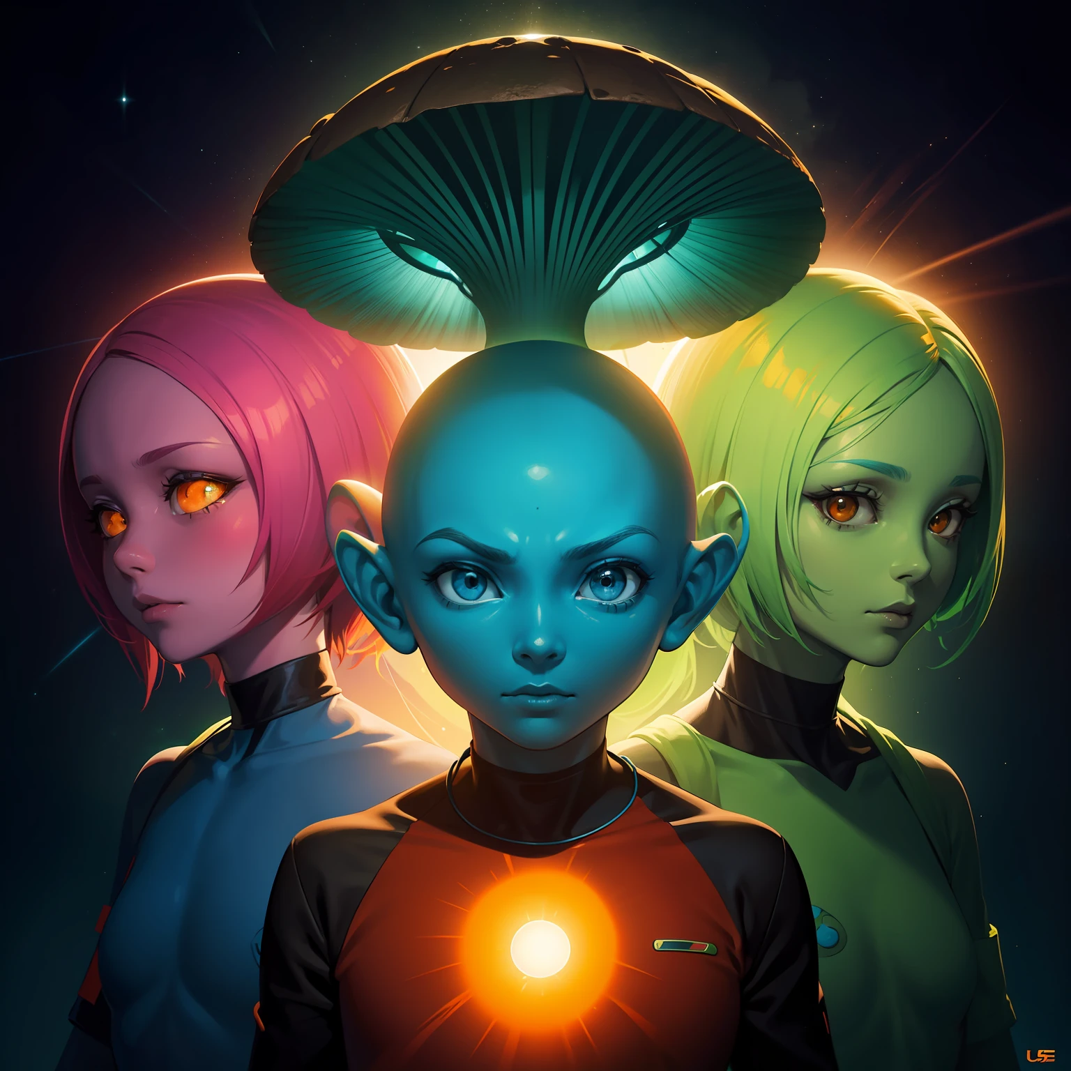 three aliens and humans are shown together in front of an orange sunset, in the style of psychedelic portraits, zbrush, sky-blue and green, mushroomcore, airbrush art, made of all of the above, ue5