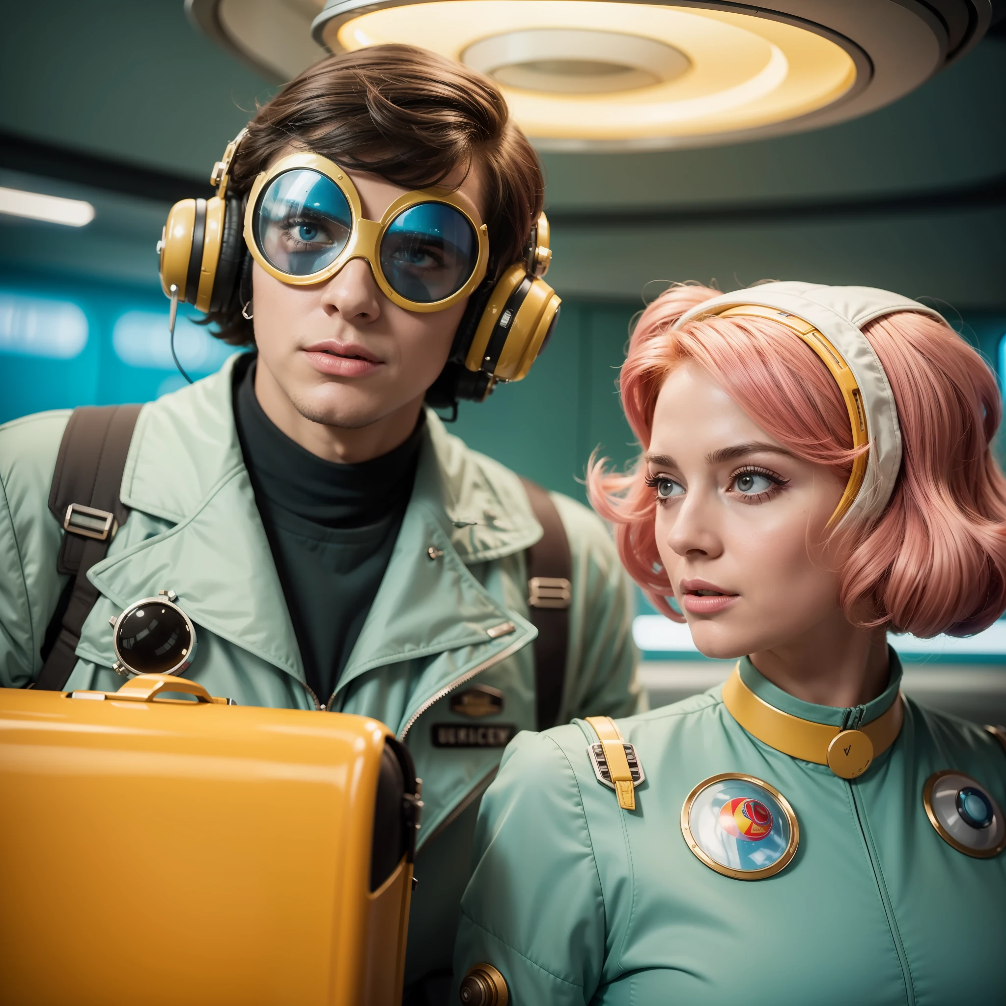 4k image of a 1960s science fiction film by Stanley Kubrick, Filme 2001: A Space Odyssey, pastels colors, A man and two women in the background wearing retrofuturistic alien masks and holding colorful suitcases and chests on the bus, Retro-futuristic fashion clothes from the 60s with old robots, Luz Natural, Psicodelia, futurista estranho, retro-futurista, photo-realistic, Sharp background details.