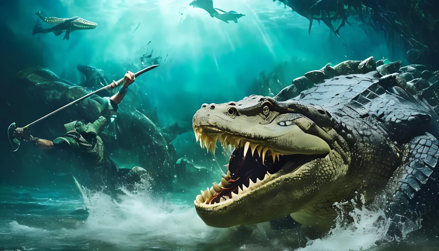 There was a man holding a spear and a very large crocodile in the water..., Stunning action photography, crocodile god lair, Fierce battles, Crocodile Loki, Photo management, Creative Image Management, Epic action scenes, As a reptile warrior, Atlantic Ocean., crocodile. shaman., jormungandr, Amazing shots..., Thrilling action movies, Impressive winning visuals, Epic Action Shooter
