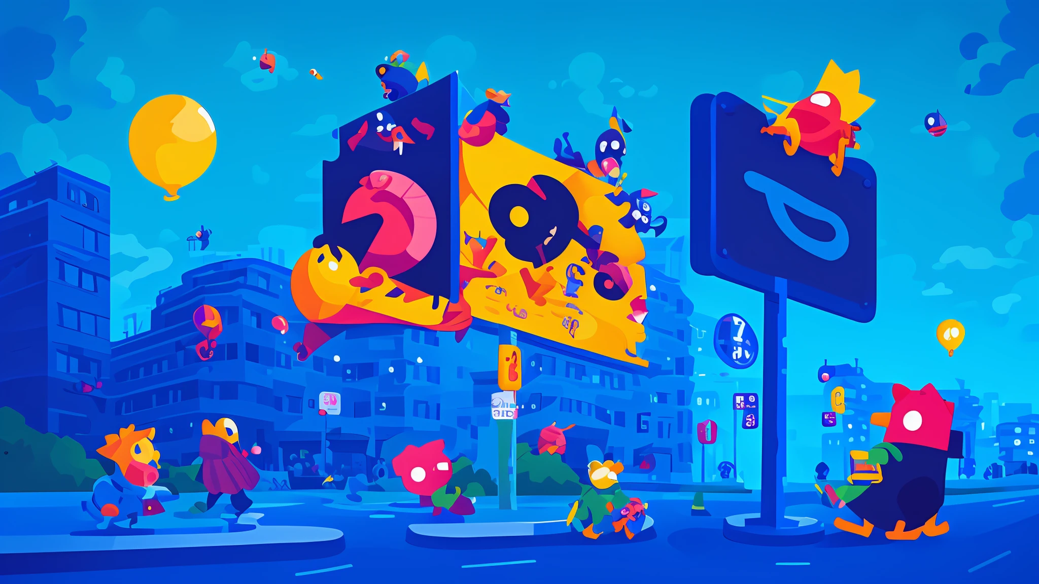 There is a cartoon character sitting at the top of a street sign, Official artwork, Colorful illustration, author:Kaneokase Kane, Album art, looking this way, Inspired by Zodolovsky, 2 d gouache illustration, author:Tomokazu Matsuyama, promotional art, 2 d illustration, 2D illustration, vibrant cartoon art, promotional artwork
