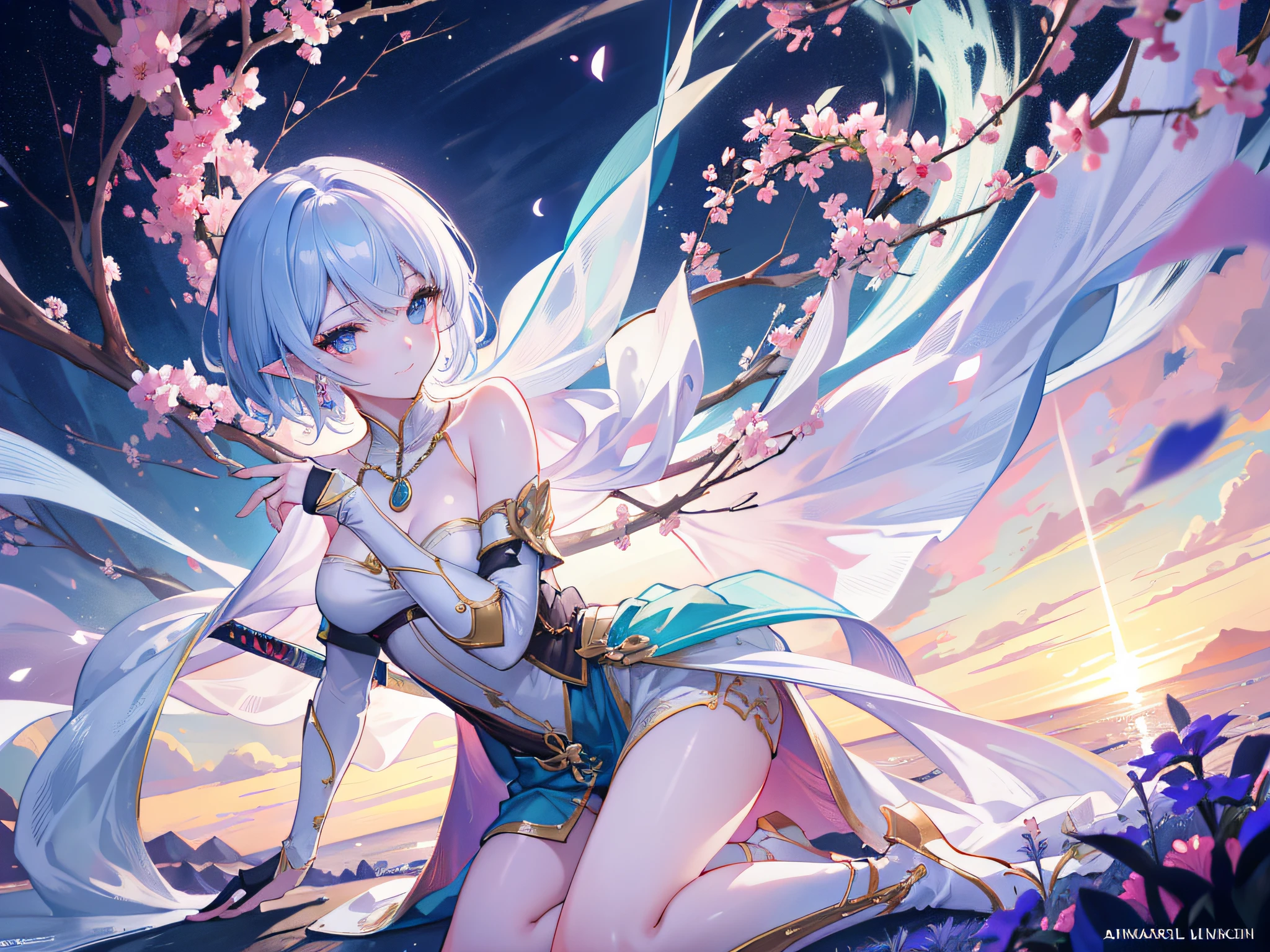 Cute elf girl,short detailed hair,Kneeling,Take a sword,With Ultra HD details,Professional lighting and lighting。With decoration,Tall and sexy,Delicate stockings,Sexy mature clothing,From her delicate face and hair to the sparkle in her ultra-delicate eyes,Great attention to detail。A pair of delicate earrings,Delicate necklace,A light breeze,Highly rendered long sword,Brighter scenes,More refined facial features,Light smile, Gradient hair, anaglyph, tachi-e, angle of view, Atmospheric perspective, High detail, Anime,Chiaroscuro, full bloom, Ray tracing, Super detail, ccurate, Best quality, Textured skin, Anatomically correct,