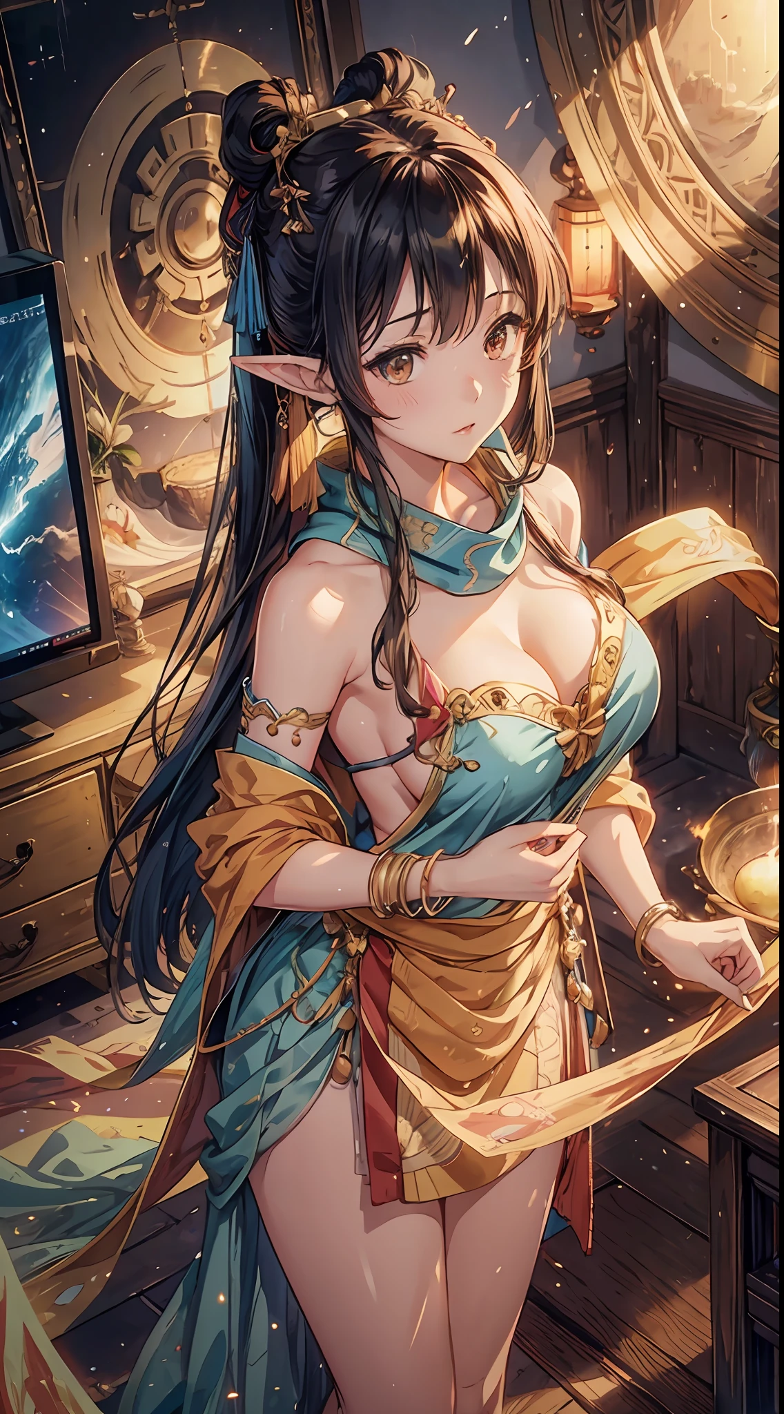 (RAW photos,best qualtiy),(realisticlying,photograph realistic:1.3),best qualtiy,highly detailed,tmasterpiece,cleavage,Large breasts,ultra - detailed,illustratio,1个Giant Breast Girl,The upper part of the body_Body,dynamic angle,World Mastery Theatre,Messy_Long_Hair,best qualtiy,extremely detailed CG unity 8k wal,ink,astounding,电影灯光,lens_flare,dunhuang_Style,详细的脸,Beautiful rendering of the Tang Dynasty,(Deliberate expression:1.5),standing in flower field, (looking at the stars:1.2),glowworm,Floating scarf,Sony main shot,A woman poses in front of a television to take a photo,inspired by Fei Danxu,Aesthetic!!!!!Female elves, brown hair and bangs, hd screenshot, nicovideo, Ordinary hands, vivd colour, Storm Limuru full face shot, Nice studio lighting, vhs screencap, beautiful fine - face, Nami, Faria