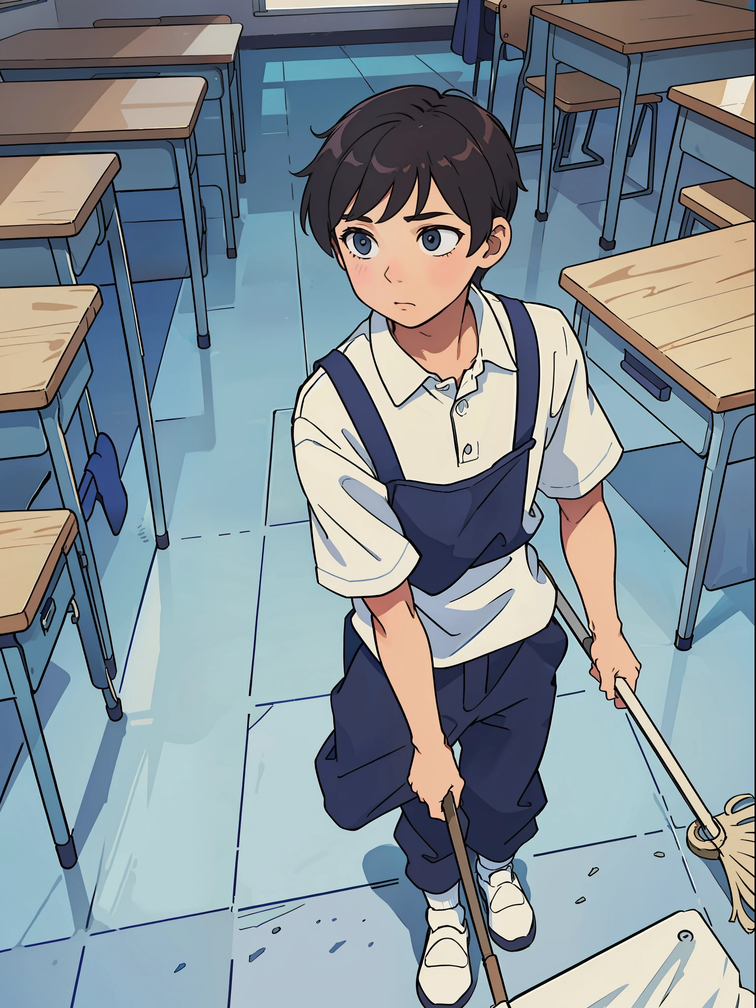 A boy mopping the floor in a classroom