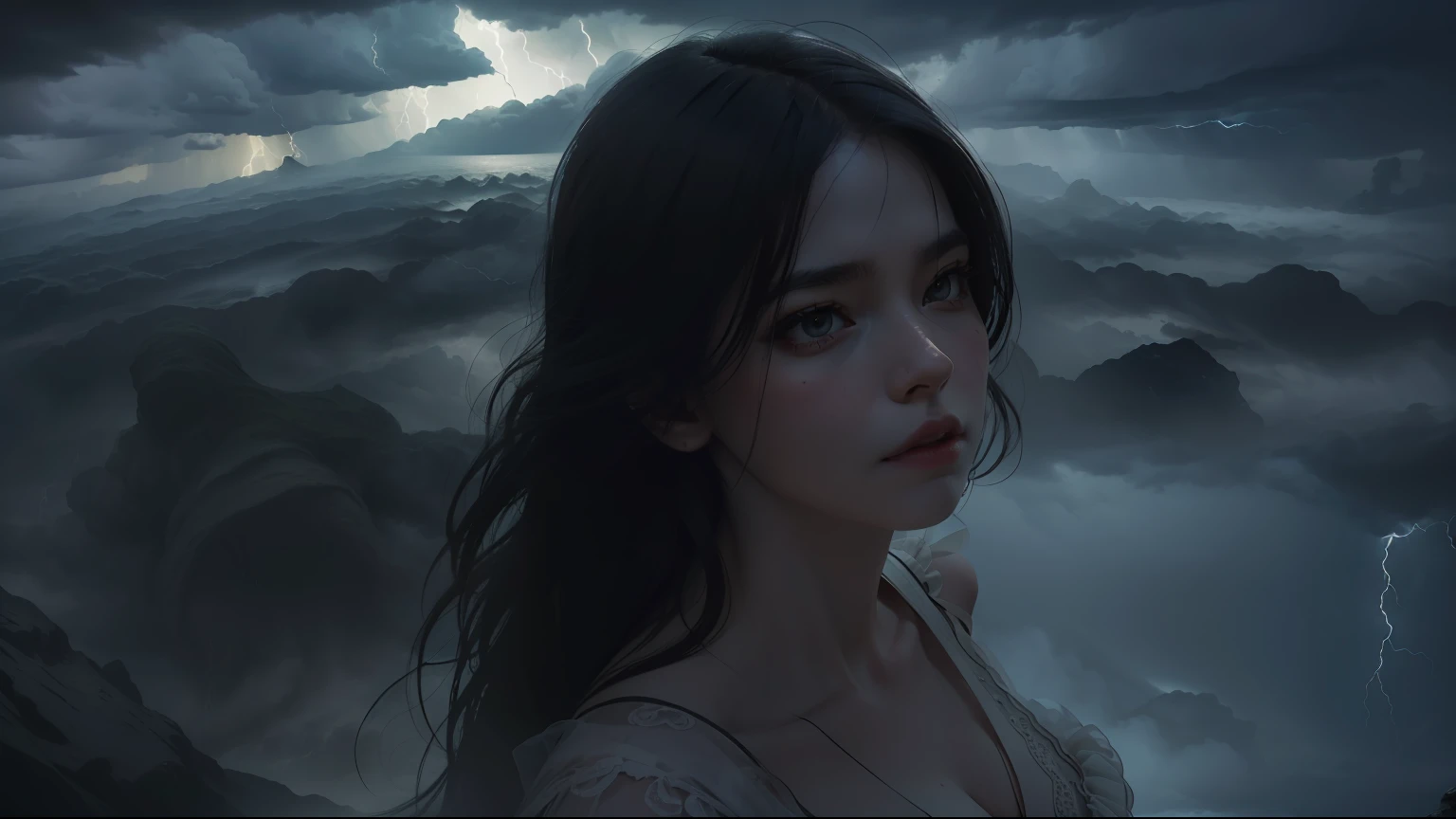 (RAW photo, best quality), (realistic, photo-realistic:1.3), extremely delicate and beautiful, Amazing, finely detail, masterpiece, ultra-detailed, highres,best illustration, best shadow,intricate,depth of field, (((giant spirit:1.4))),look up,dream,nightmare,(dramatic lighting:1.4),(from above:1.2),(cloudy,storm,complex:1.4), sharp focus, volumetric fog, 8k UHD, DSLR, high quality,( film grain:1.4), Fujifilm XT3