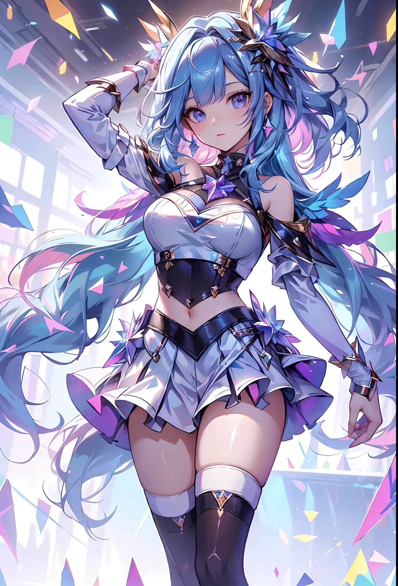 best qualityer，tmasterpiece，Ultimate resolution，downy，Extremely colorful，Colorful，Big high school girl，Crop topping，White stockings，heeled sandals