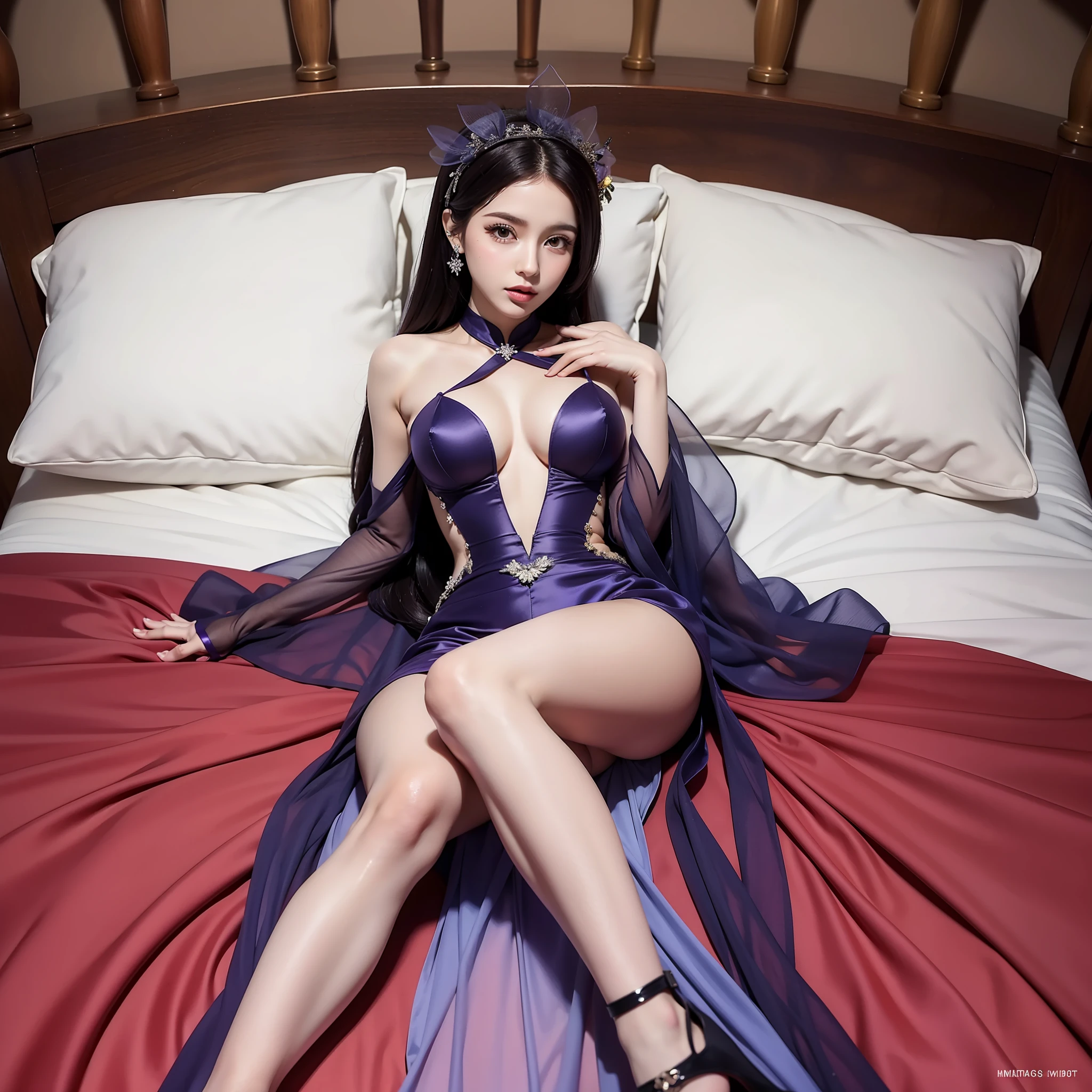 hada hermosa con alas transparentes, traje morado con piernas y hombros descubiertos