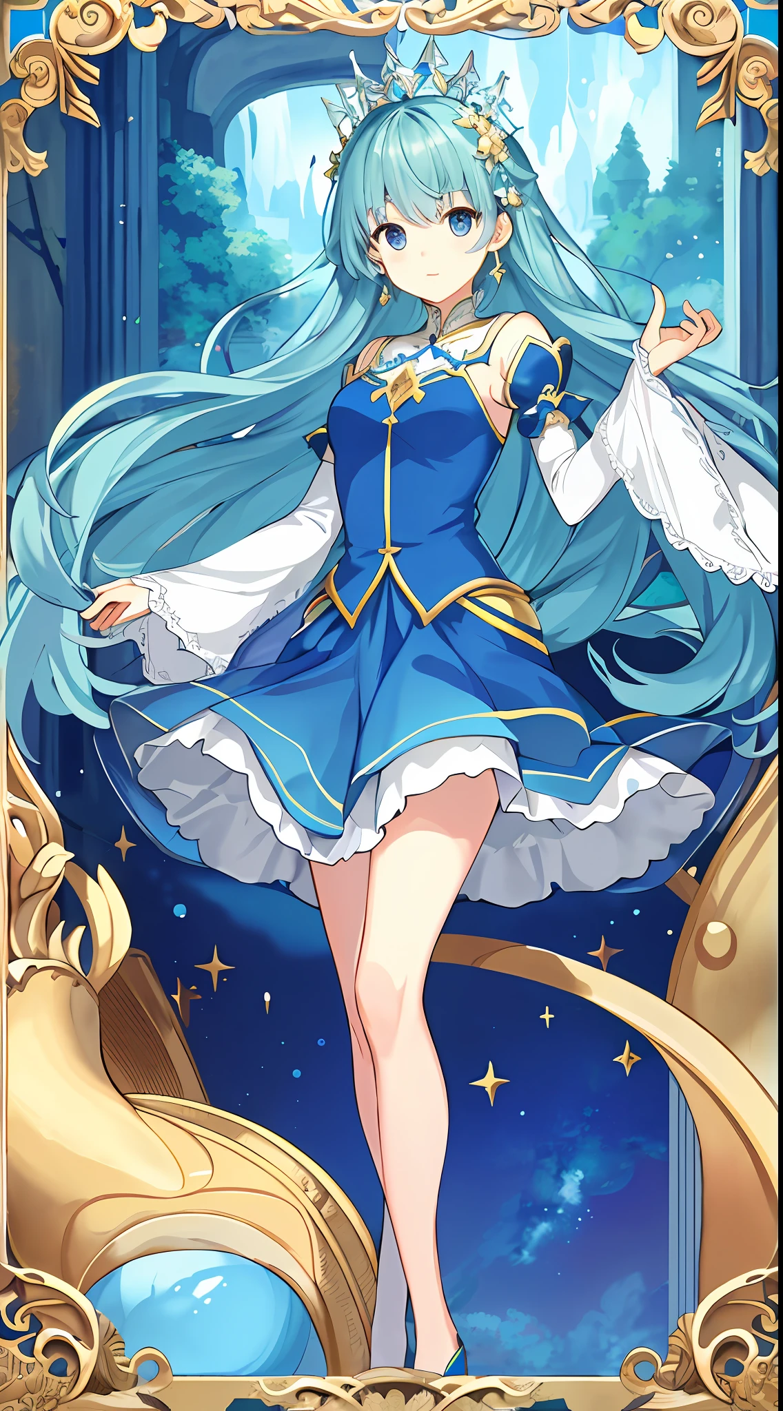 Best Picture Quality、tmasterpiece、full bodyesbian、legs long、Gorgeous princess dress、blue backdrop、greene eyes、short  skirt、largeeyes、delicated、Long flowing hair