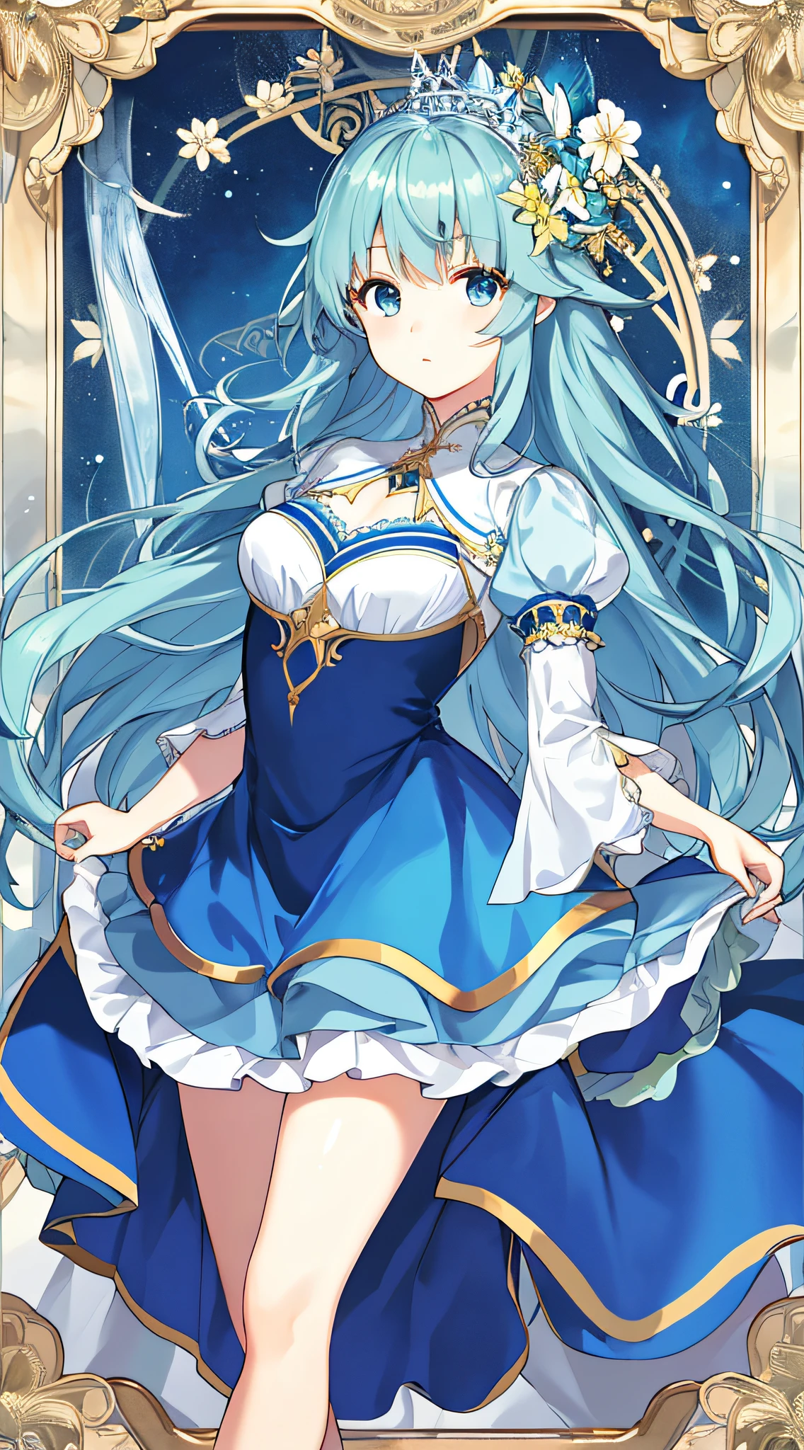 Best Picture Quality、tmasterpiece、full bodyesbian、legs long、Gorgeous princess dress、blue backdrop、greene eyes、short skirt、largeeyes、delicated、Long flowing hair