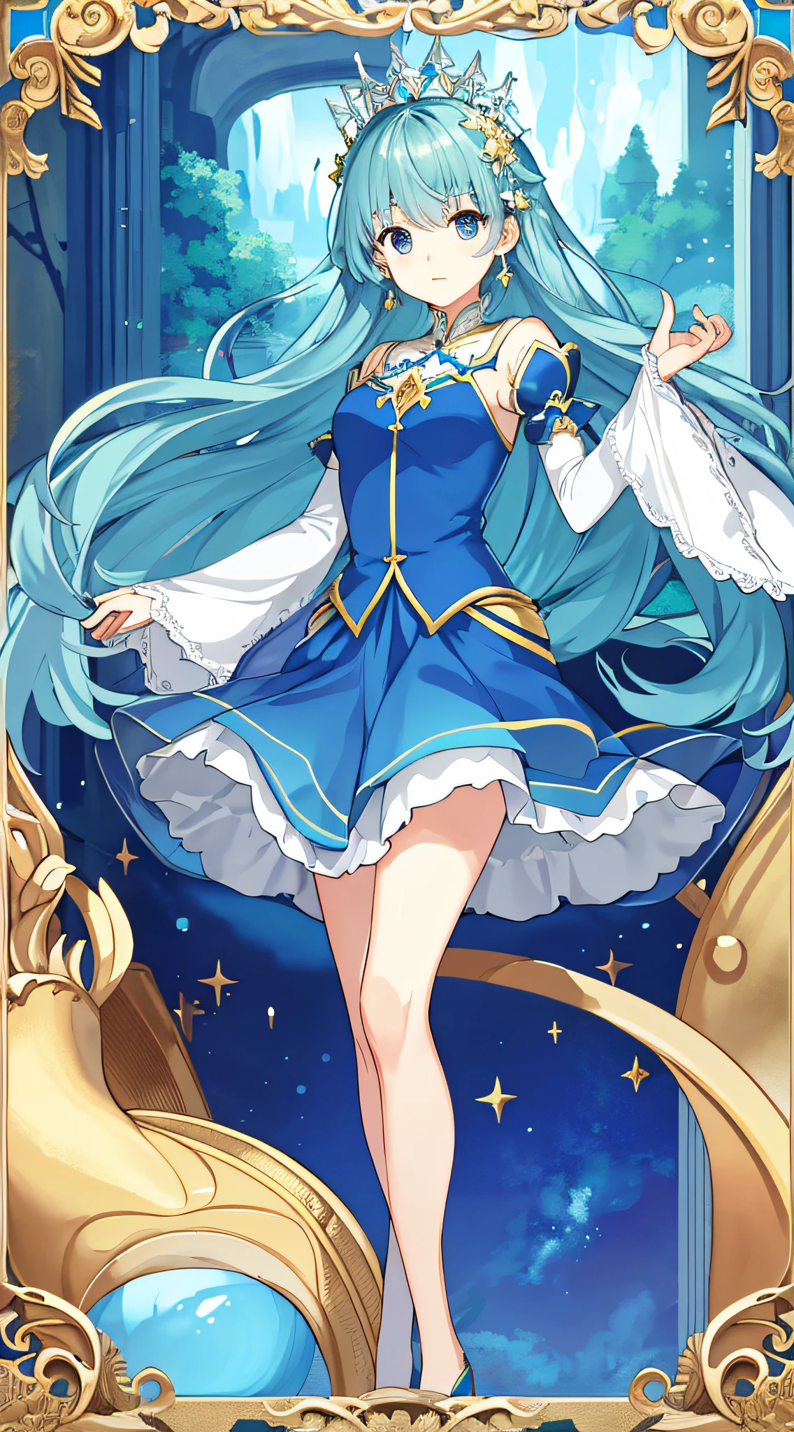 Best Picture Quality、tmasterpiece、full bodyesbian、legs long、Gorgeous princess dress、blue backdrop、greene eyes、short skirt、largeeyes、delicated、Long flowing hair
