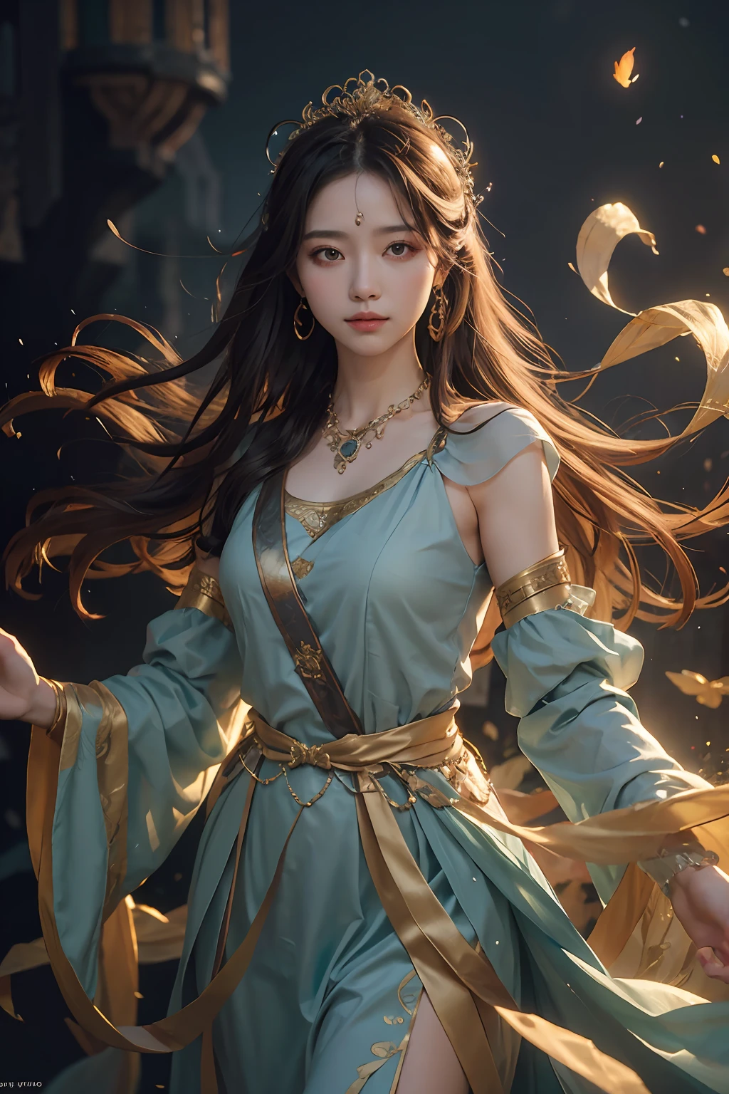 Single female portrait，divino，immortal，cultivating immortals，Magic Array，Gorgeous costumes，Brilliant scene，中景 the scene is，ancient wind，Best quality，hyper-high detail，A high resolution，8K，Delicate face and facial features，glowing light eyes，Artistic lighting，