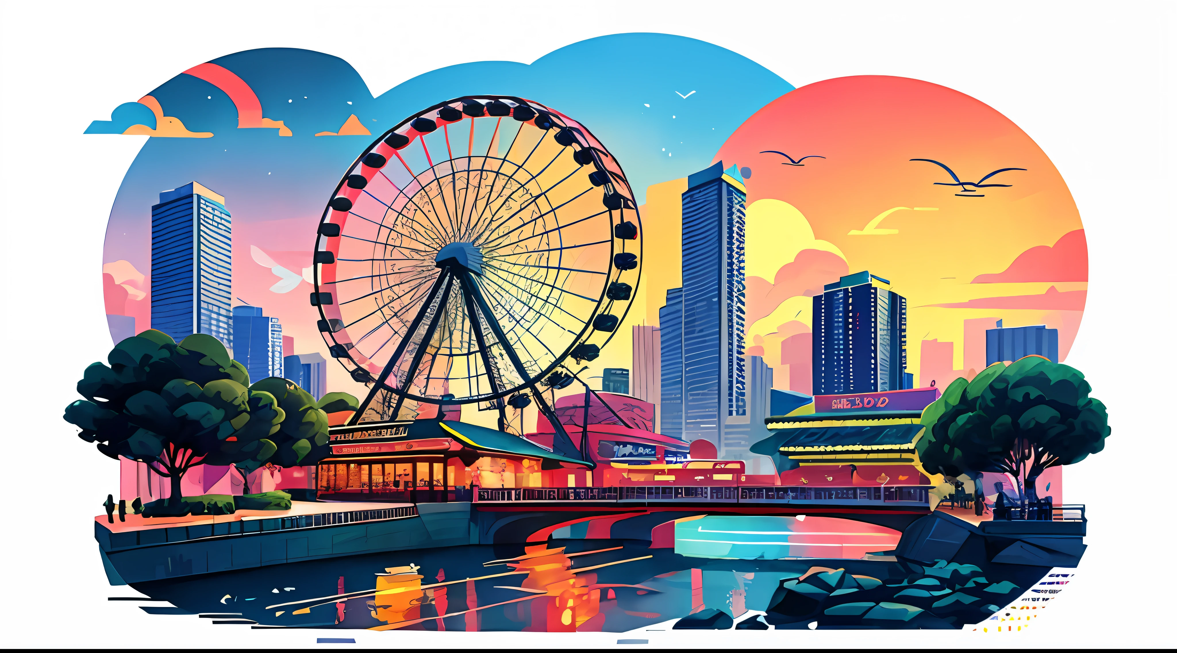 Color illustration of Ferris wheel in the city, A beautiful artwork illustration, Stylized digital illustration, jen bartel, in style of digital illustration, Highly detailed illustration, 数字插图 -, stunning digital illustration, detailed digital illustration, Detailed 2D illustration, author：Jason Benjamin, Colorful illustration, high detail illustration, best on adobe stock, Beautiful digital illustration