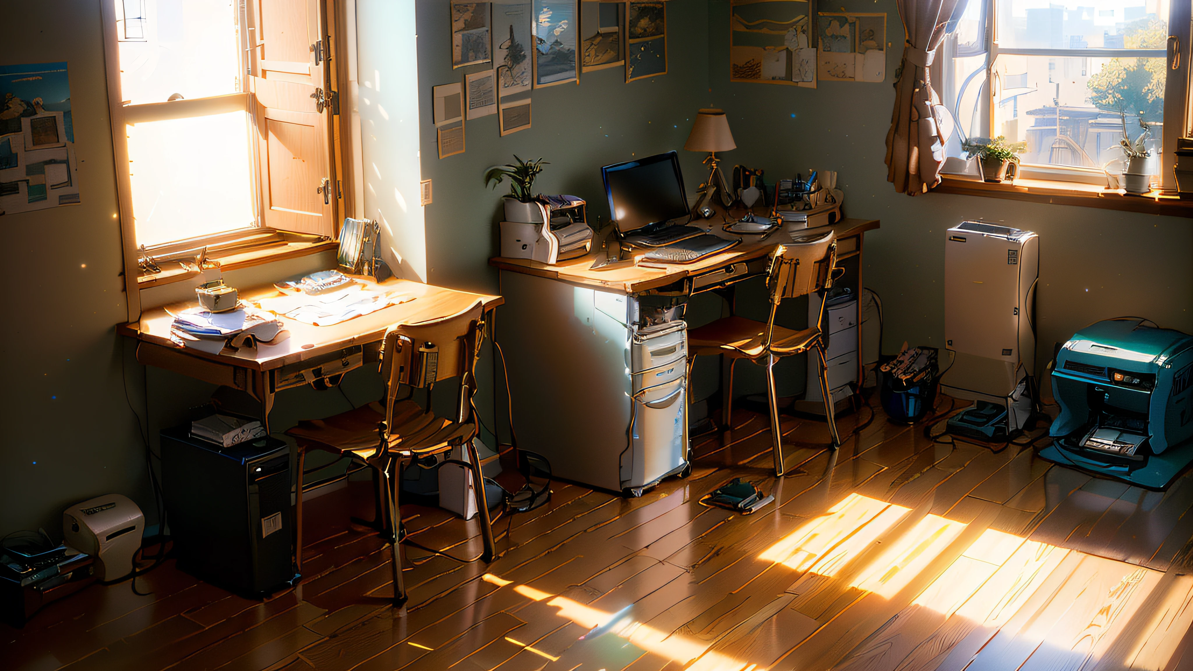 There was a desk with computer and printer in the room, studio ghibli sunlight, Realistic afternoon lighting, cinematic morning light, afternoon lighting, rendering by octane. By Makoto Shinkai, nice afternoon lighting, taken with a Sony A7R camera, studio glibly makoto shinkai, morning lighting, photorealistic room, realistic illumination, early morning lighting