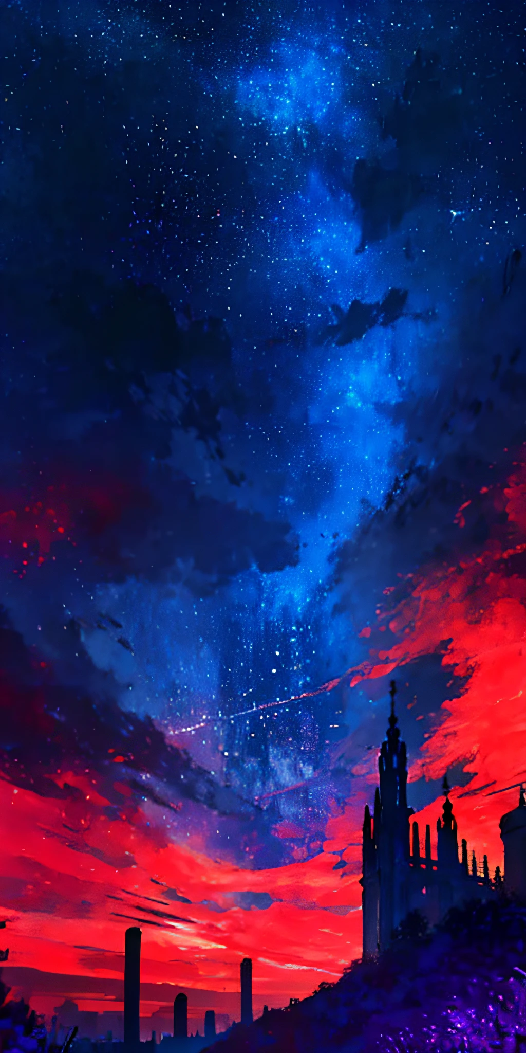 best quality, ultra detailed, masterpiece, towers of god, blue towers, violet, blue, red, god, red sky, violet sky, starry sky, stars, starry towers, starry god, light blue, civilization, order