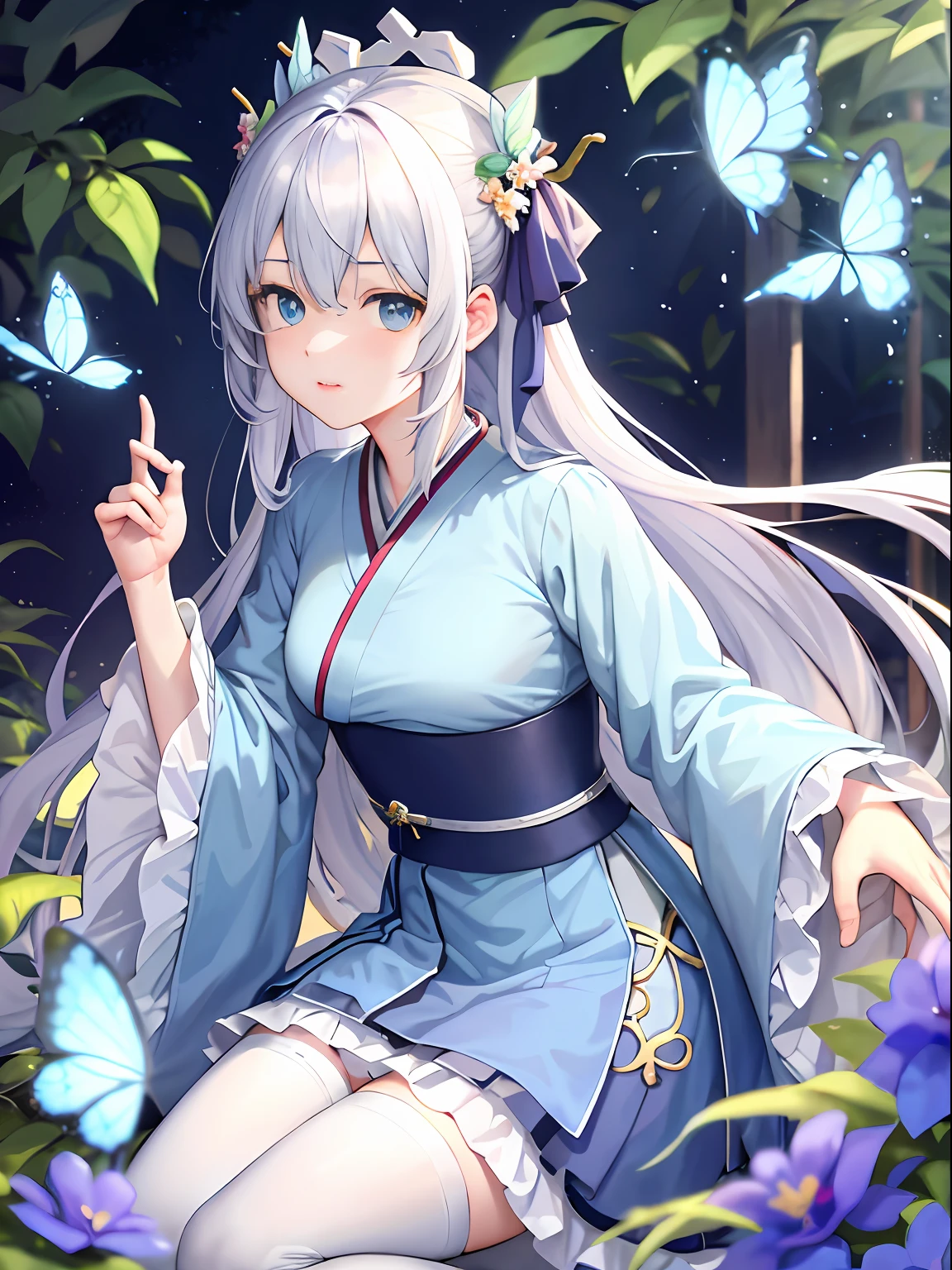 blue ru_swarm,Best_quality,Head,Original_Outfit,Hanfu,Clear details,Masterpiece, Best_quality, Clear details,1girll,Garden background,, Butterfly on the finger,Blue eyes,White hair,Long hair,Big eyes,White stockings