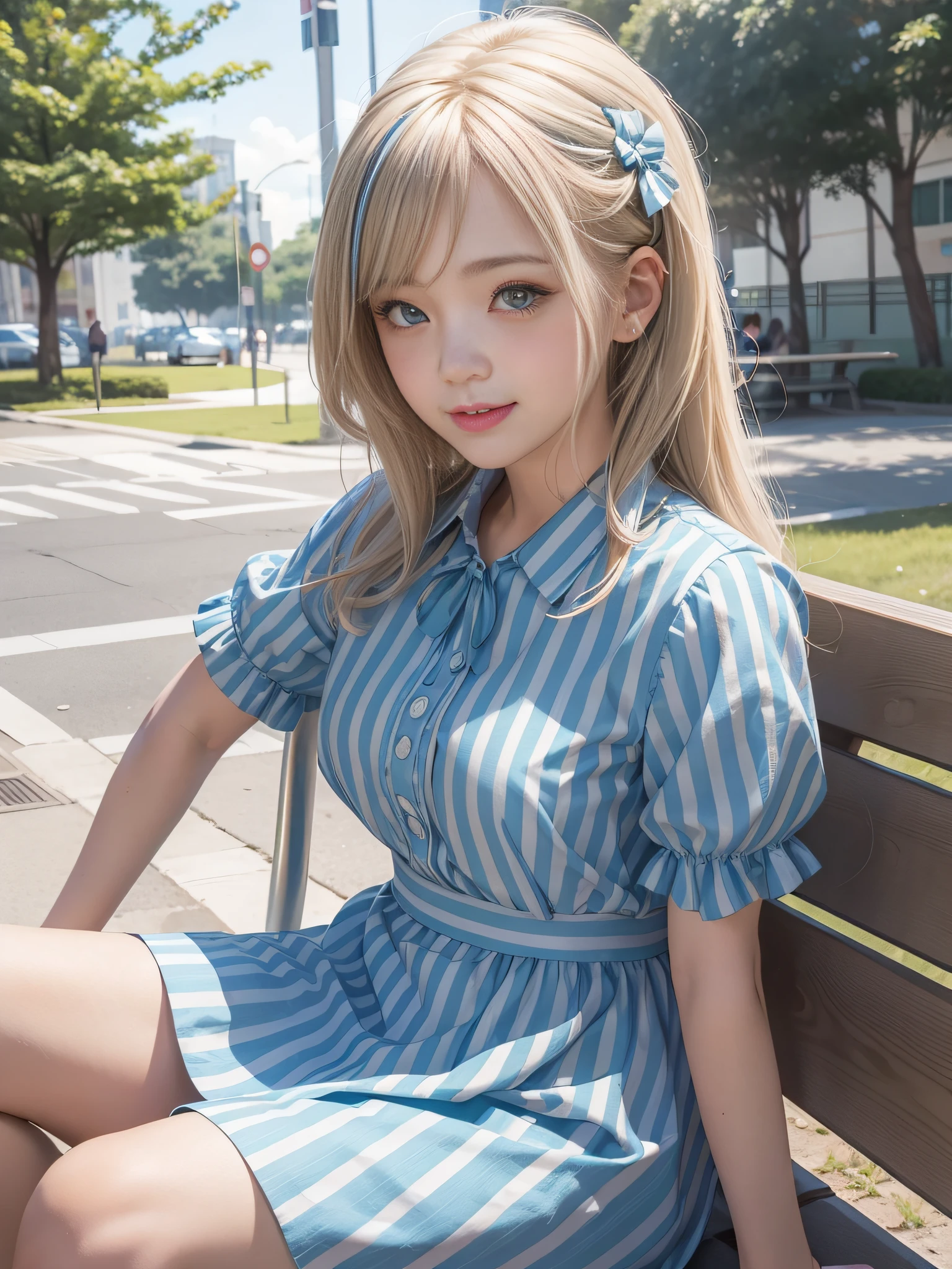 A girl sitting on an anime-style park bench,closeup of face，light colors hair， Wearing a blue and white striped dress, Cover your mouth with your hands，The expression giggled, Capture in a candid moment.  --niji 5