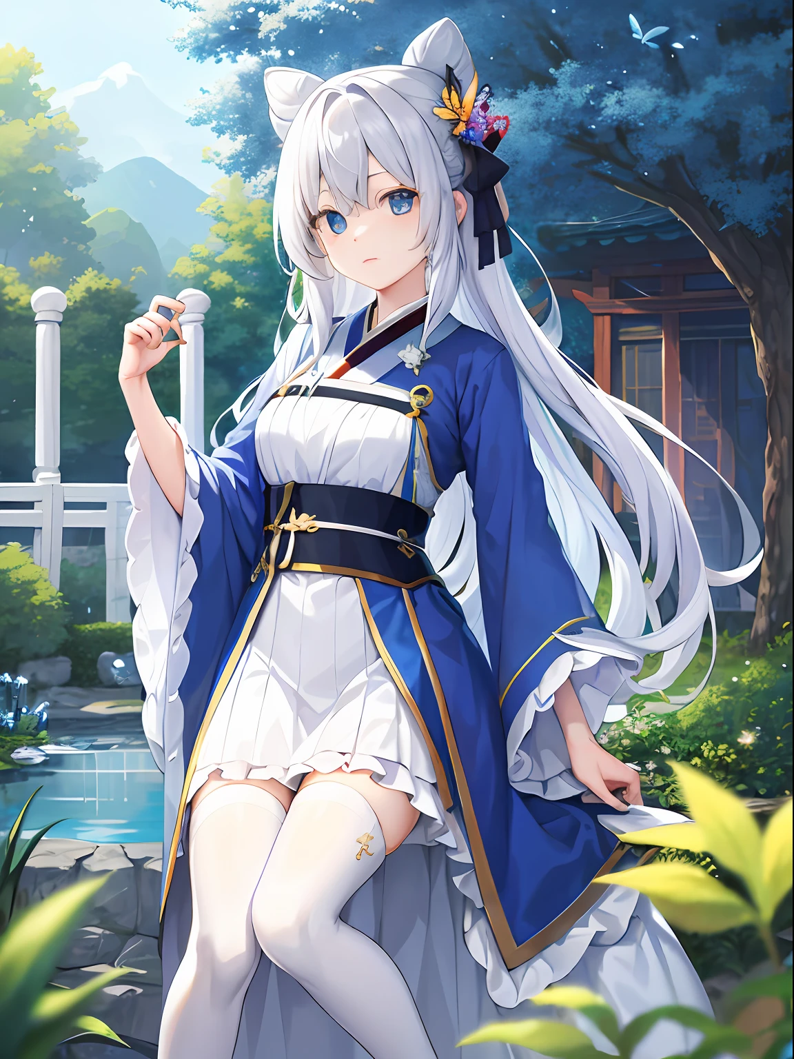 blue ru_swarm,Best_quality,Head,Original_Outfit,Hanfu,Clear details,Masterpiece, Best_quality, Clear details,1girll,Garden background,, Butterfly on the finger,Blue eyes,White hair,Long hair,Big eyes，White stockings