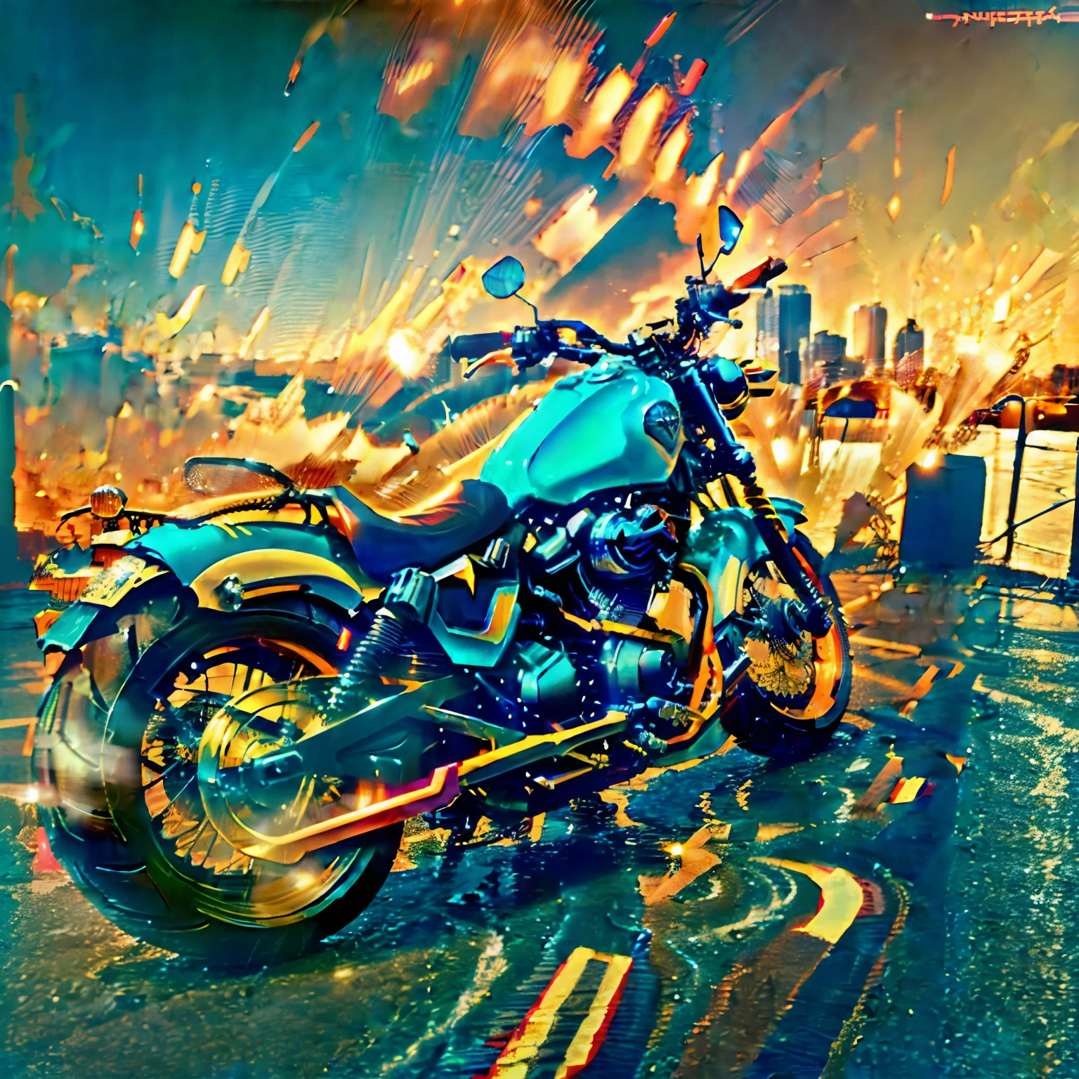 (nvinkpunk:1.2) snthwve style motorcycle, light wave, sunset, intricate, very detailed