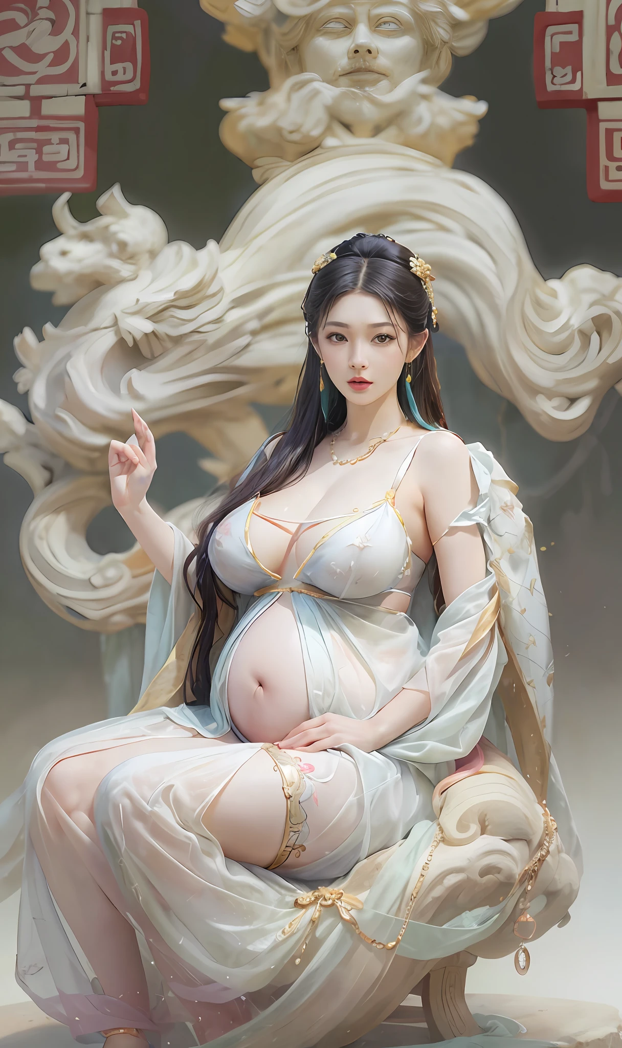 portlate、realisitic、Photorealsitic、Hugh Lowry、as a white stone marble figure、Under the guise of a famous ancient statue、Costumes in the style of ancient China、See-through silk underwear、Maximum big breasts、Pregnant Woman、Big belly if the biggest、Trained lower body、big butts、Sit down and hold hands、Skin Detail:0.5