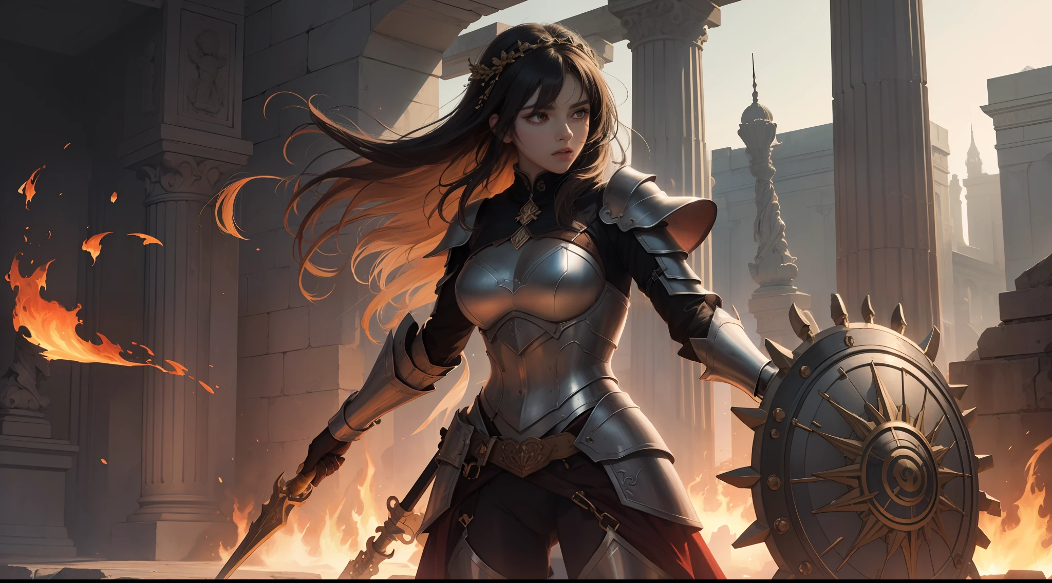 (Extremely detailed Cg Unity 8K wallpaper,Masterpiece, Best quality, Ultra-detailed, Beautiful detailed eyes:1.2),Best illumination, (Best shadow, An extremely delicate and beautiful, full bloom),
1girll,Solo,Large breasts，Heavy armor，complex patterns，Long hair,Holding a shield,Film filter, Hellfire,full bodyesbian,demon,Flame,Greek temple，dramatics，dynamicposes，illusory engine， (High detail: 1.9)