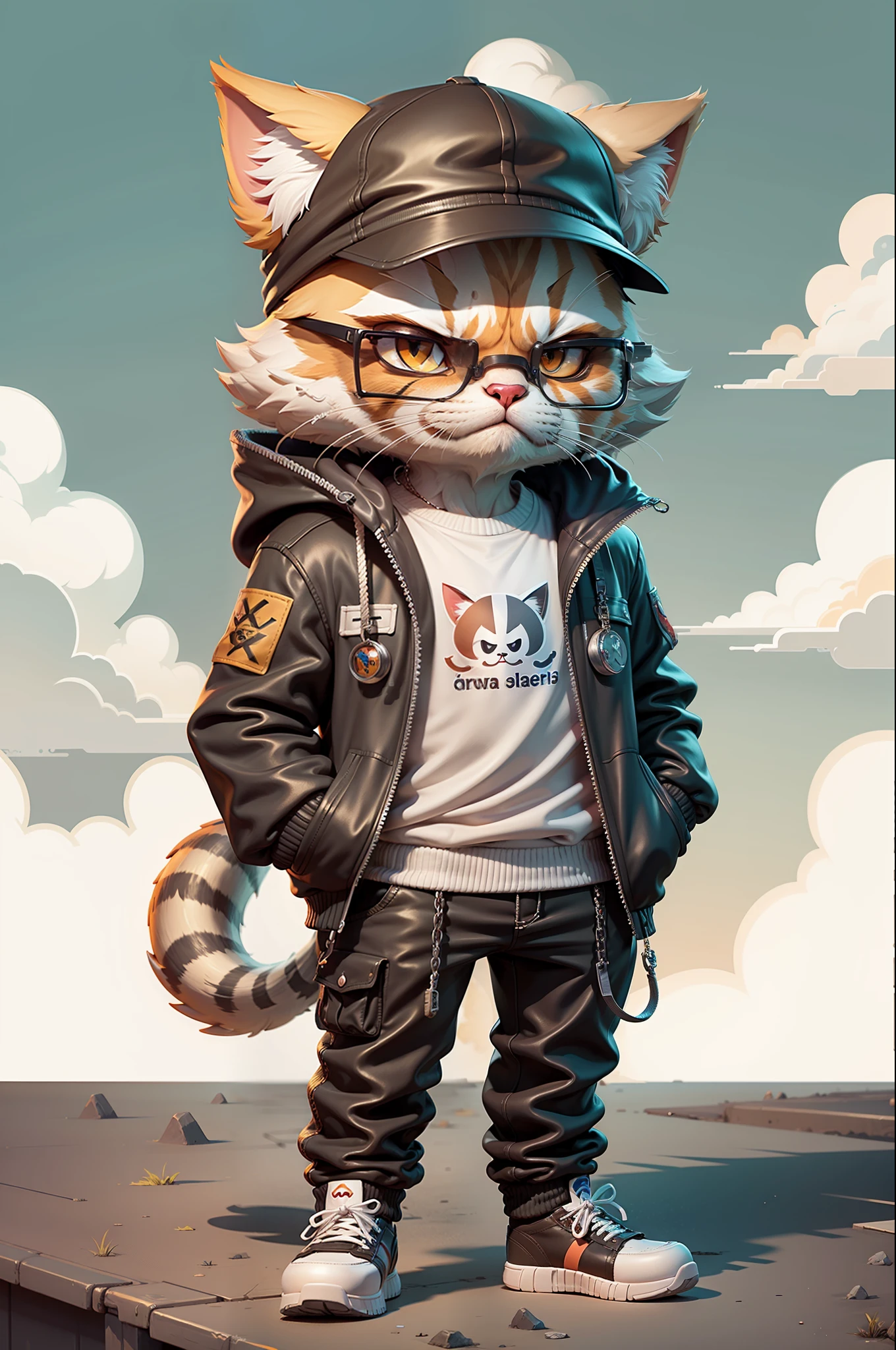 c4tt4stic, a cartoon cat wearing a jacket and sunglasses,long legs,body detailed,