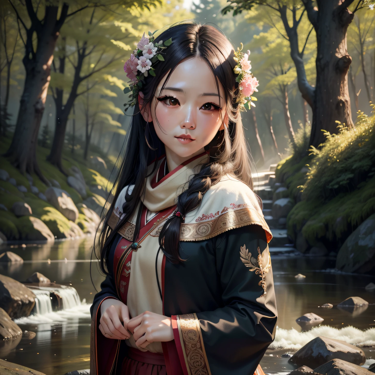 tmasterpiece，Best quality at best，high qulity，非常详细的 CG 统一 8k 壁纸，coniferous forest，stillness，Asian beauty bathed  in forest stream，Cold climate，Peaceful beauty，Yuki，Winters，mild summer，Light wind，needle，tree branch，Bokeh，Depth field, hdr, full bloom, color difference, Photorealistic, Extremely detailed, Popular on artstation, Popular on CGsociety, complex, High detail, Dramatic, halfway art