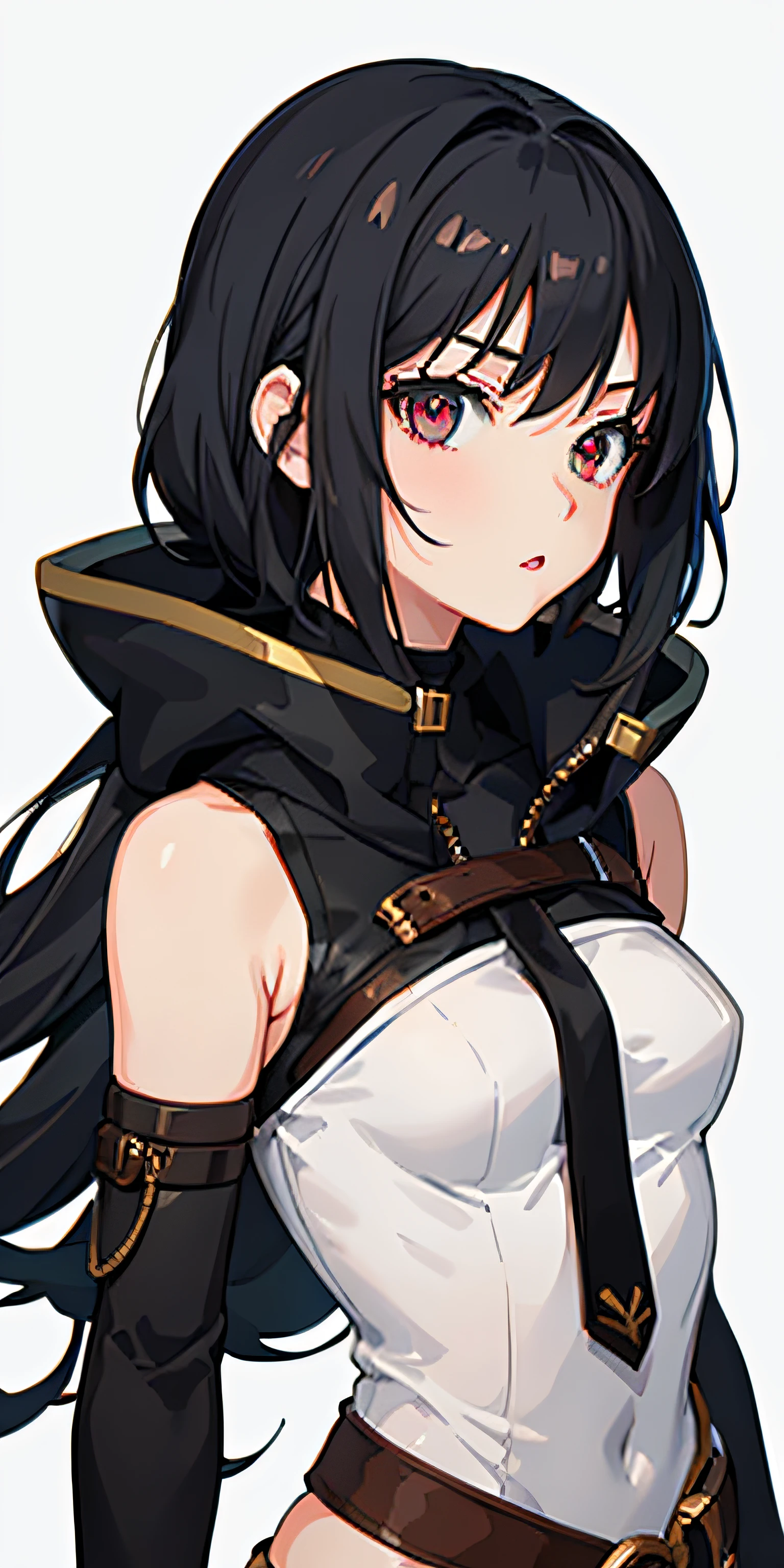 1girl, anime, cute girl, rogue, blank background, white background, fantasy, dark clothes, beautiful face, dark colours, assassin