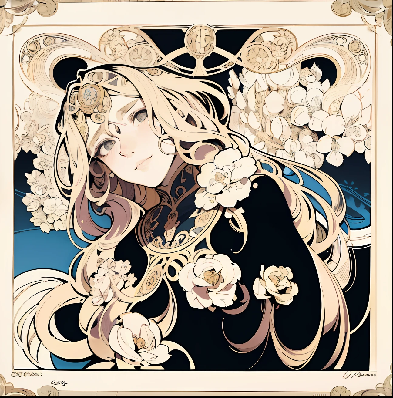 face portrait of a European female , long curly hair, blond, floral frame, Decorative panels, abstract
artistic, by Alphonse Mucha
(Masterpiece, Best Quality, Highres:1.4), Detailed, Intricate Details, 4K, color splashes, line art, fibonacci,