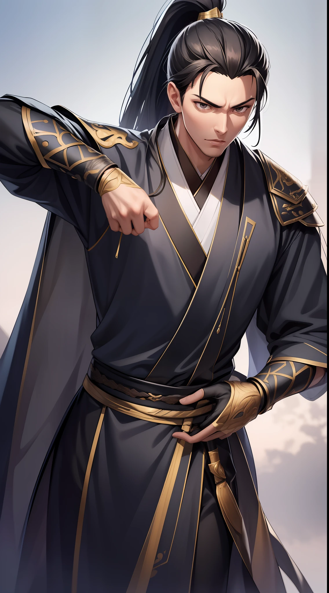 quadratic element，style of anime，mtu（Male Warrior），The proportions are correct，Face details，swordsmen，High ponytail hairstyle，Neck details，There is an Adam's apple，Black Hanfu，kaftan，black toga，clothes details，Handing over，longer sleeves，Game quality，Swordsmanship，Light and shadow tracking，Ray traching，detailed glow，cg render，hair detail，cabelos preto e longos，Black ㇏ eyes，Handsome，Handsome，（juvenile sense），Clothing is complicated，Perfectcomposition，Refinement，high qulity，higher details，Lots of details，The background is complex，a sense of atmosphere，